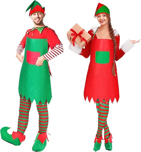 Funtery 8 kits de disfraz de elfo de Navidad para adultos, incluye 2 delantales de elfo, 2 sombreros de elfo, 2 zapatos de elfo y 2 calcetines de