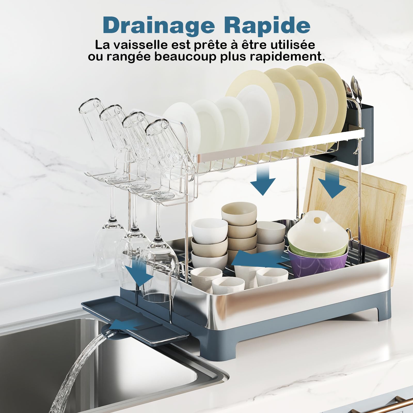 COSTWAY Égouttoir à Vaisselle en Acier Inoxydable, Égouttoir à Vaisselle à 2 Niveaux avec Bac d'Égouttage, Seau & Porte-Couverts, Bec Extensible et Pivotant, Organisateur pour Ustensiles de Cuisine