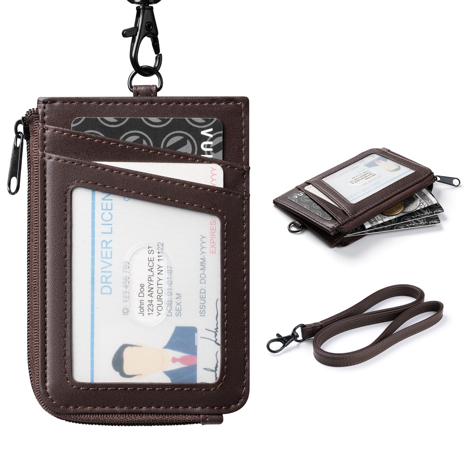 VULKIT ID Card Holder Lanyard for Neck with Zipper Pocket Work or School Card Badge Holder, Clear Window, Can Hold Coins, Key