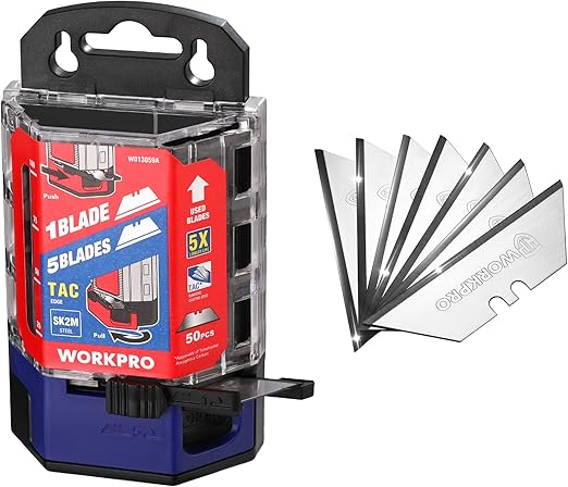 WORKPRO Premium Utility Knife Blades, TAC Diamond Coated SK2M, 50-Pack Utility Blades Replacement with Dispenser