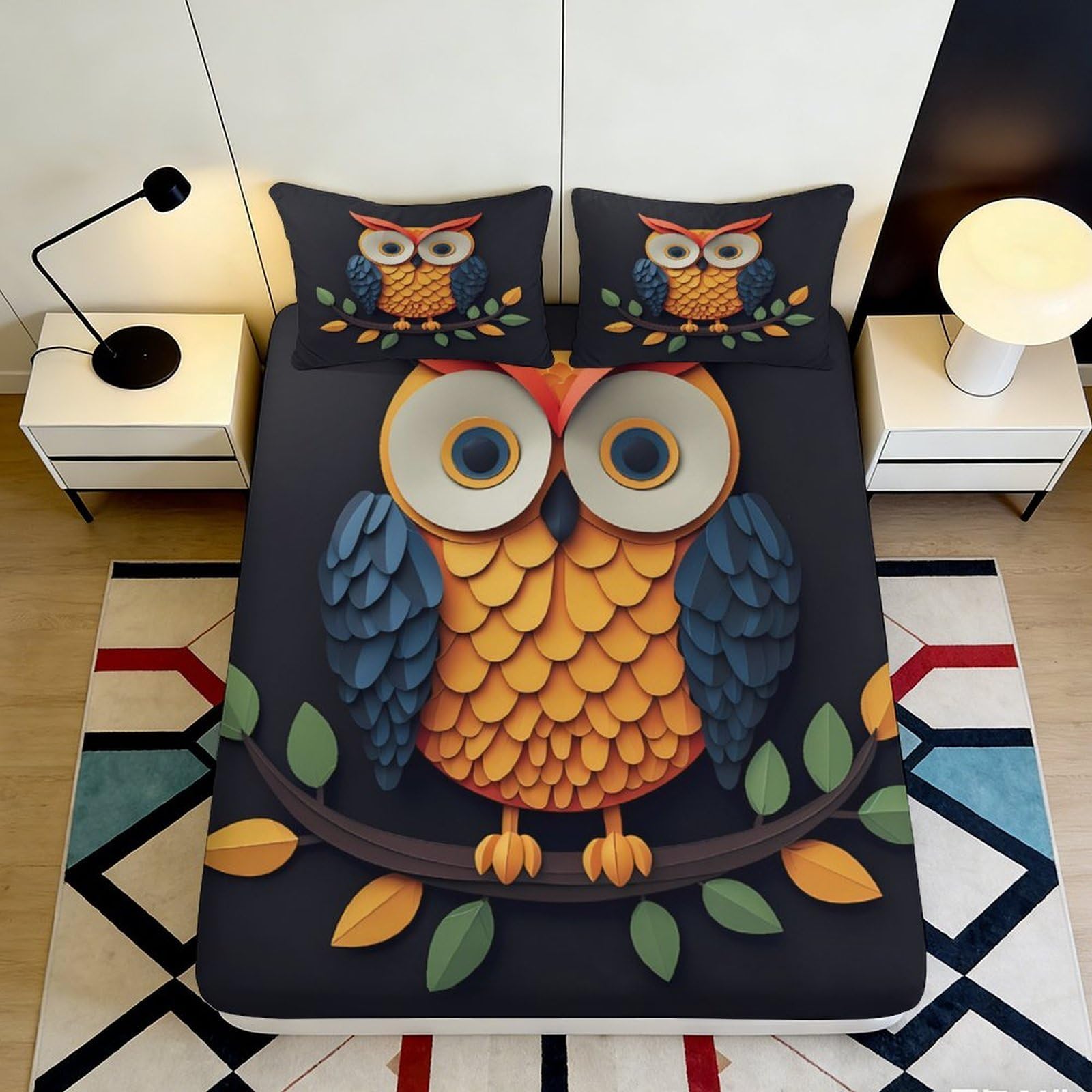3D Printed Colourful Owl Fitted Sheet Microfiber Soft Breathable Cartoon Forest Mattress Cover for Bedroom Dorm Decor, Easy Care, Anti-Slip 200x200x25cm