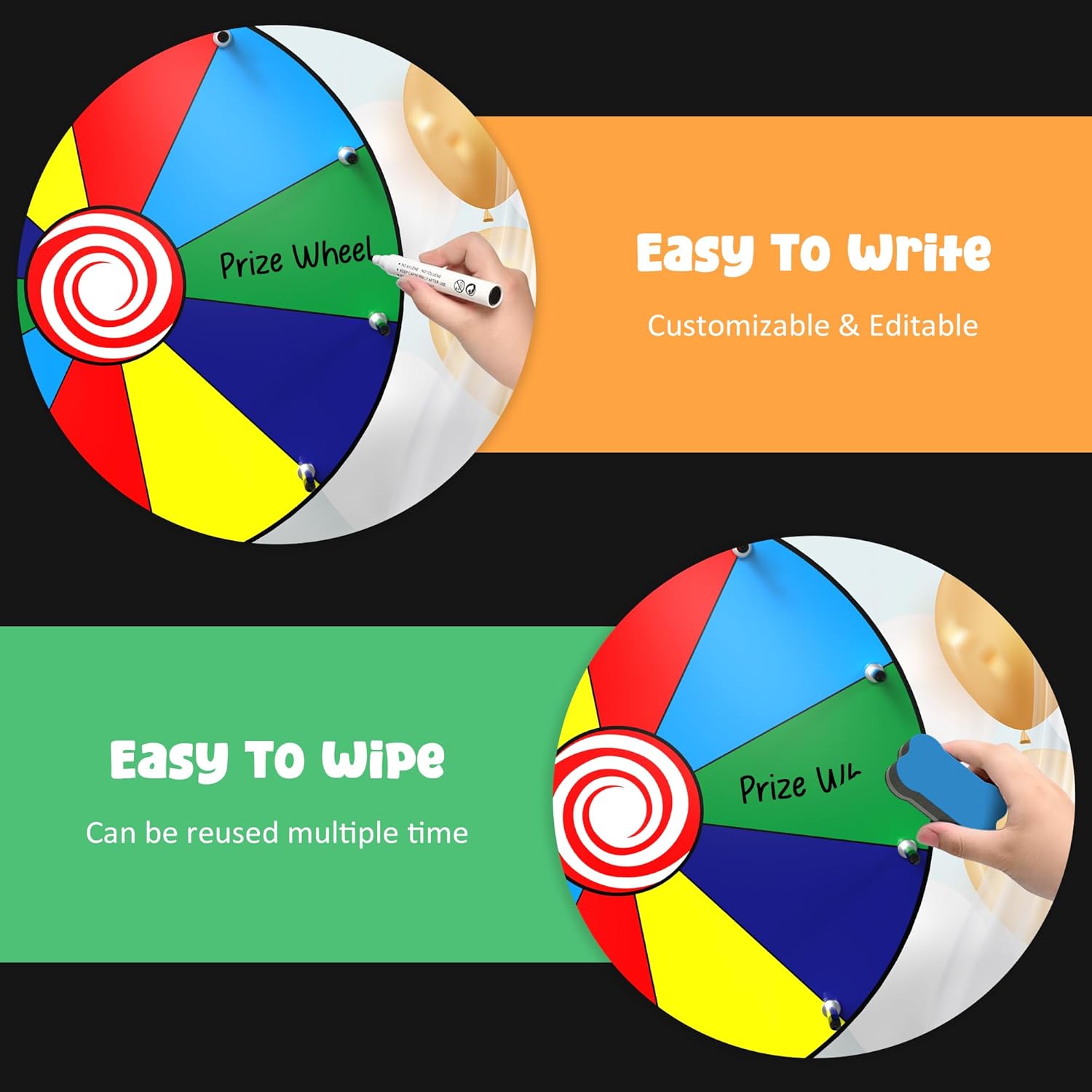 14 Inch Prize Wheel - 10 Slots Tabletop Spinning Wheel for Prizes with Stand - Heavy Duty Color Dry Erase Spin the Wheel Game for Trade Shows, Carnivals, Classroom & Home Parties