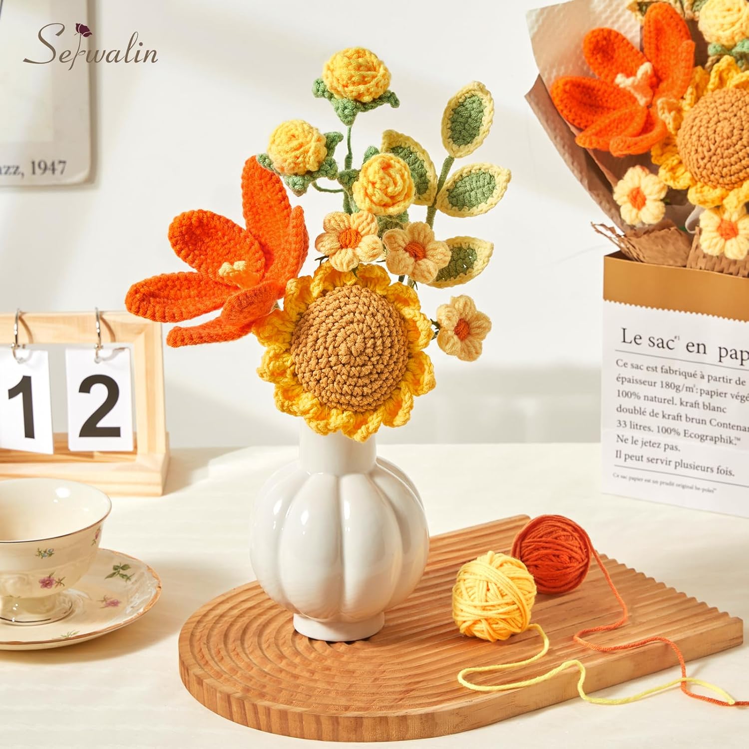 Serwalin Crochet Flower Bouquet, Crochet Sunflower, Handmade Knitted Flowers, Artificial Tulips Rose Flowers for Mother's Day Graduation Teacher Anniversary Birthday Gifts for Her(Include Card)