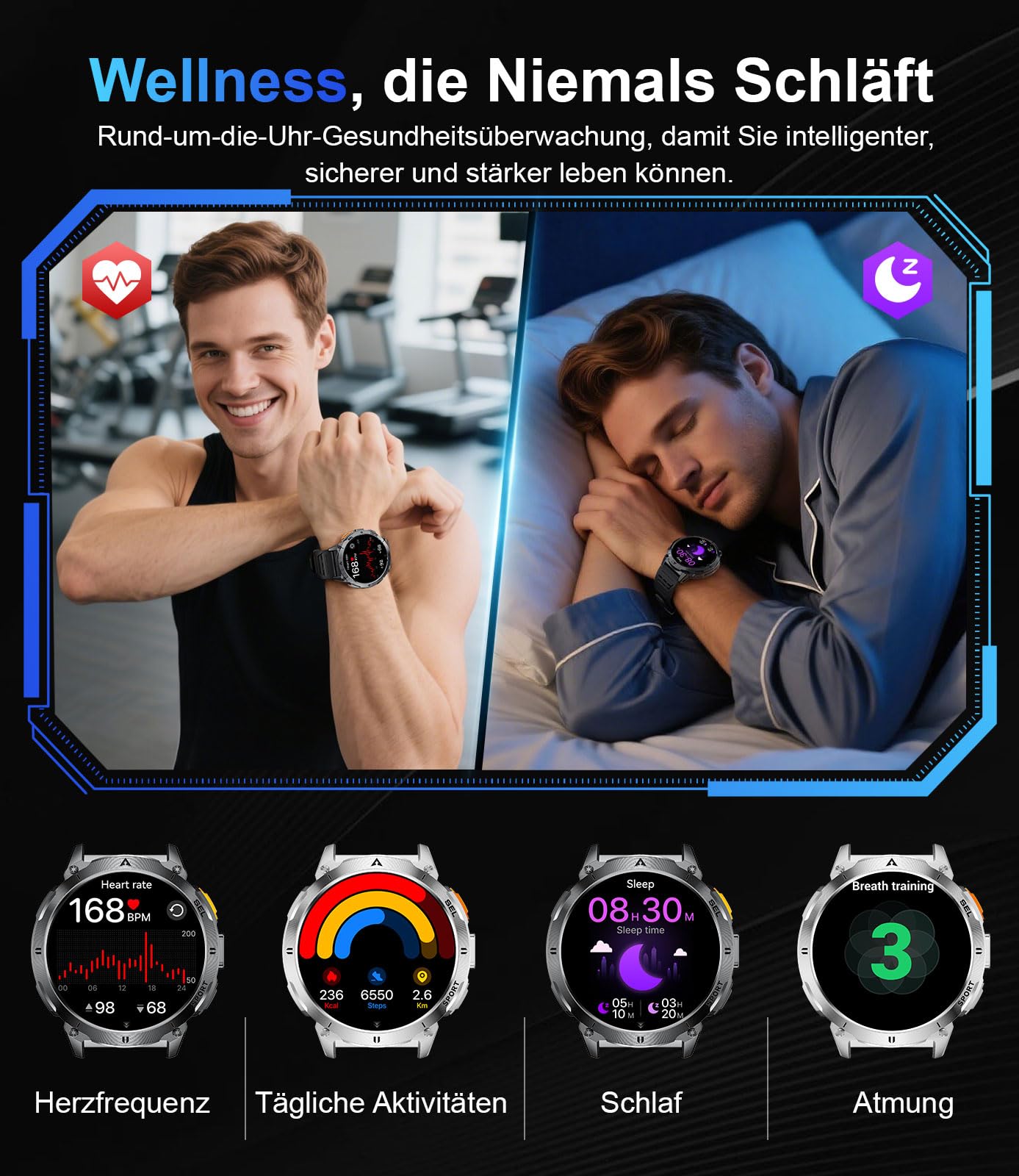 Smartwatch Herren Militär mit LED-Licht, 1,62 Zoll AMOLED Display Fitnessuhr mit Telefonfunktion, 730mAh Akku, 24/7 Herzfrequenz/Schlafmonitor, 119 Sportmodi Sportuhr für iOS Android, 2 Uhrenbänder