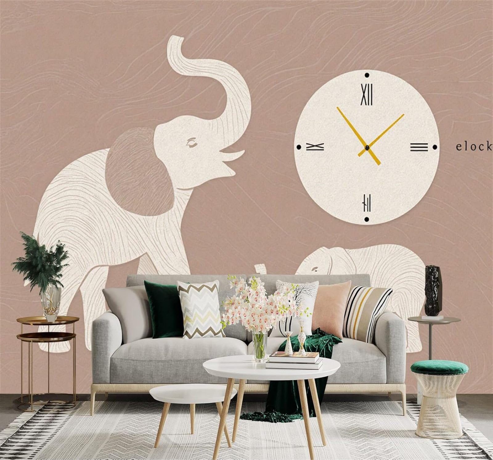 XLMING Minimalist Elephant Wall Clock Abstract Beige Texture 3D Wallpaper Silky Texture Home Study Office Grey Dining Room Sofa Bedroom Living Room TV Backdrop-400cm×280cm