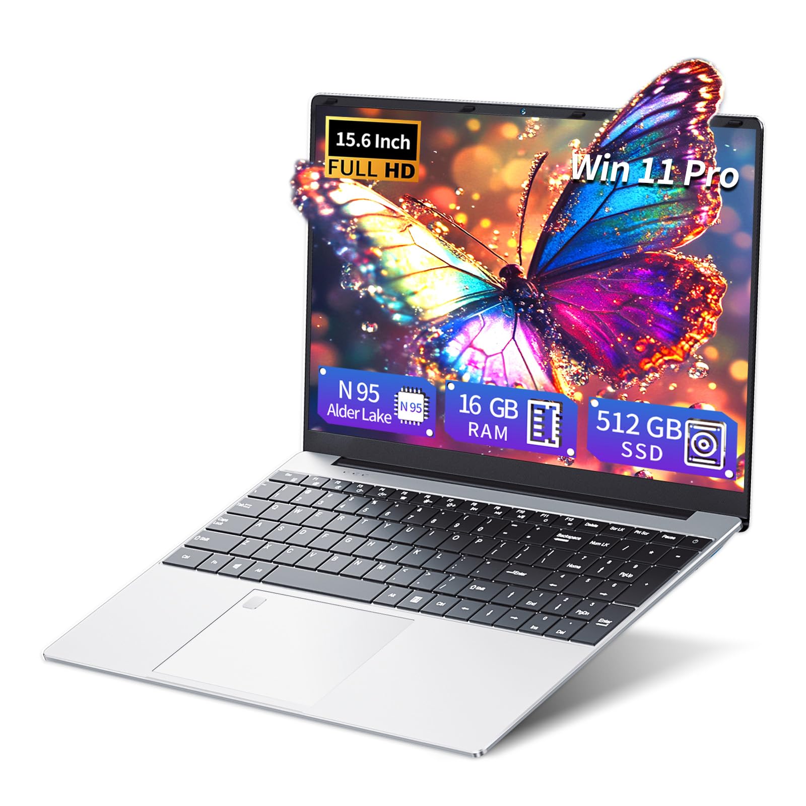 Ordenador Portátil 15,6 Pulgadas, Portátil 16GB DDR4 512GB SSD, Win 11 PC Portatil Celeron N95 CPU, Teclado Retroiluminado, Desbloqueo Huellas Dactilares, IPS Pantalla Laptop, USB3.0+BT4.2+Webcam