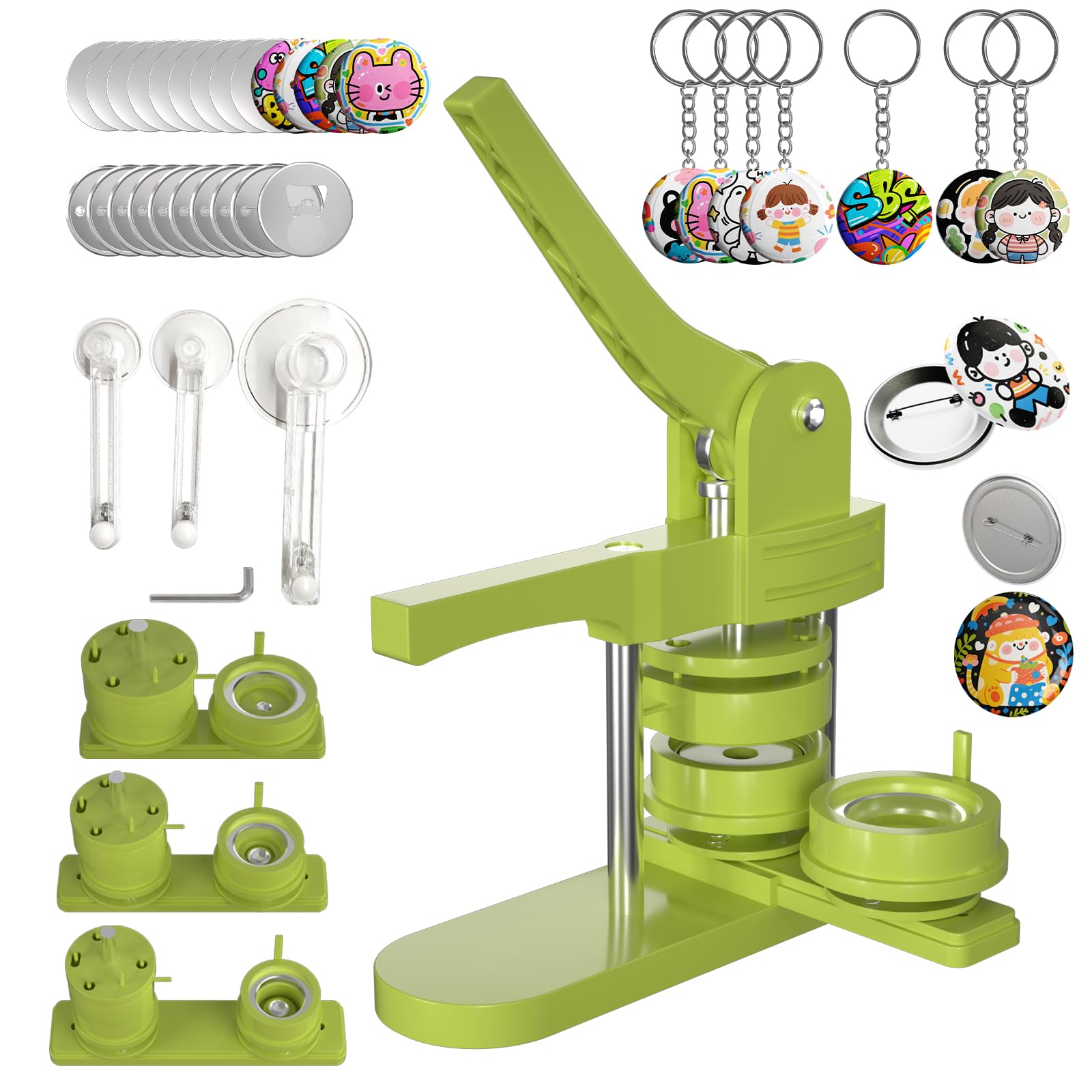 Pin Maker, Button Maker Machine Multiple Sizes (1+1.25+2.25'') with 300 Buttons, 30 Fridge Magnets, 10 Bottle Openers, 10 Keychains, 3 Circle Cutters, Button Badge Makers (353 Pcs, Green)
