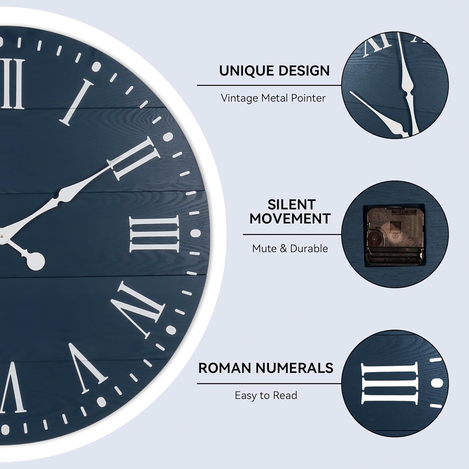 35" Large Wall Clock, Shiplap Wall Clock with Roman Numeral Nearly Non-Ticking Farmhouse Round Wall Clocks for Living Room Decor, Office, Bedroom, Entrance, Blue