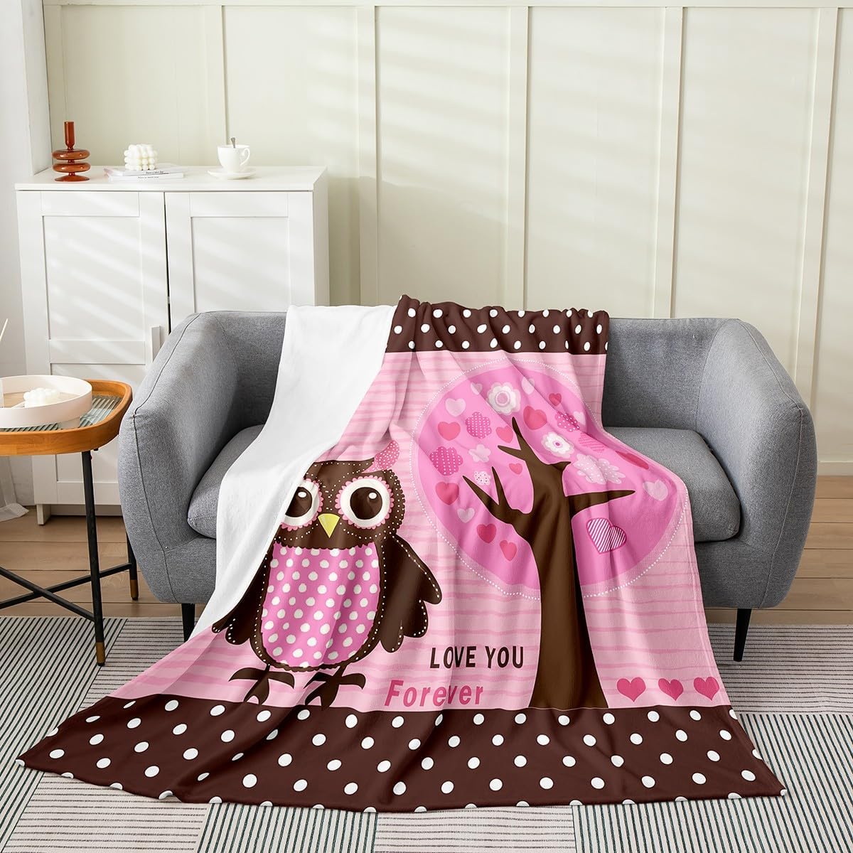 Cartoon Owl Fleece Blanket,Lovely Wild Animal Jungle Tree Bed Blanket for Kids Teens,Cute Daisy Flowers Pink Brown Polka Dots Stripes Flannel Blanket for Room Decor,Queen 90"x90"