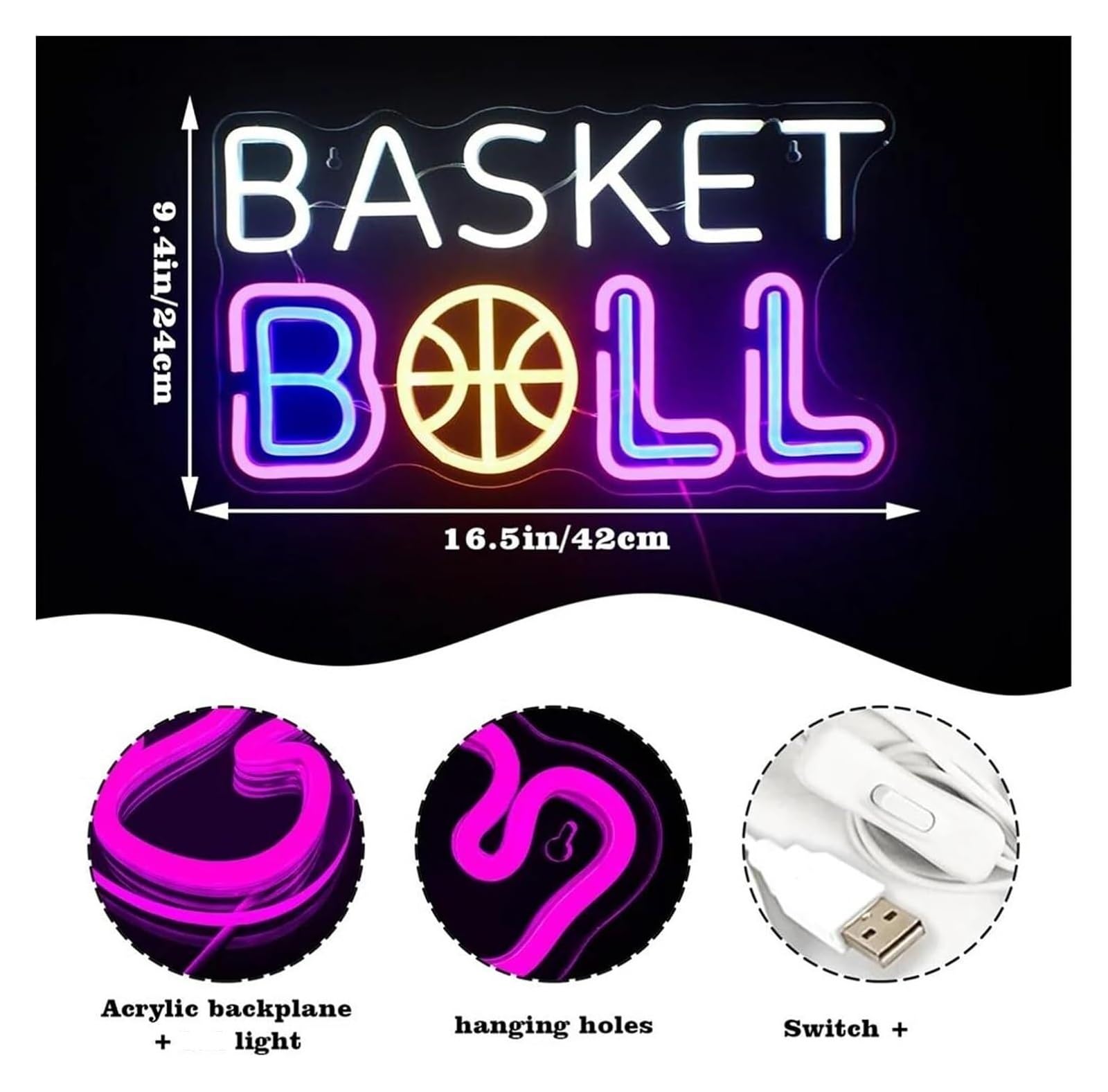 Lampada d'atmosfera rilassante con insegne al neon a forma di basket e pannello lettere
