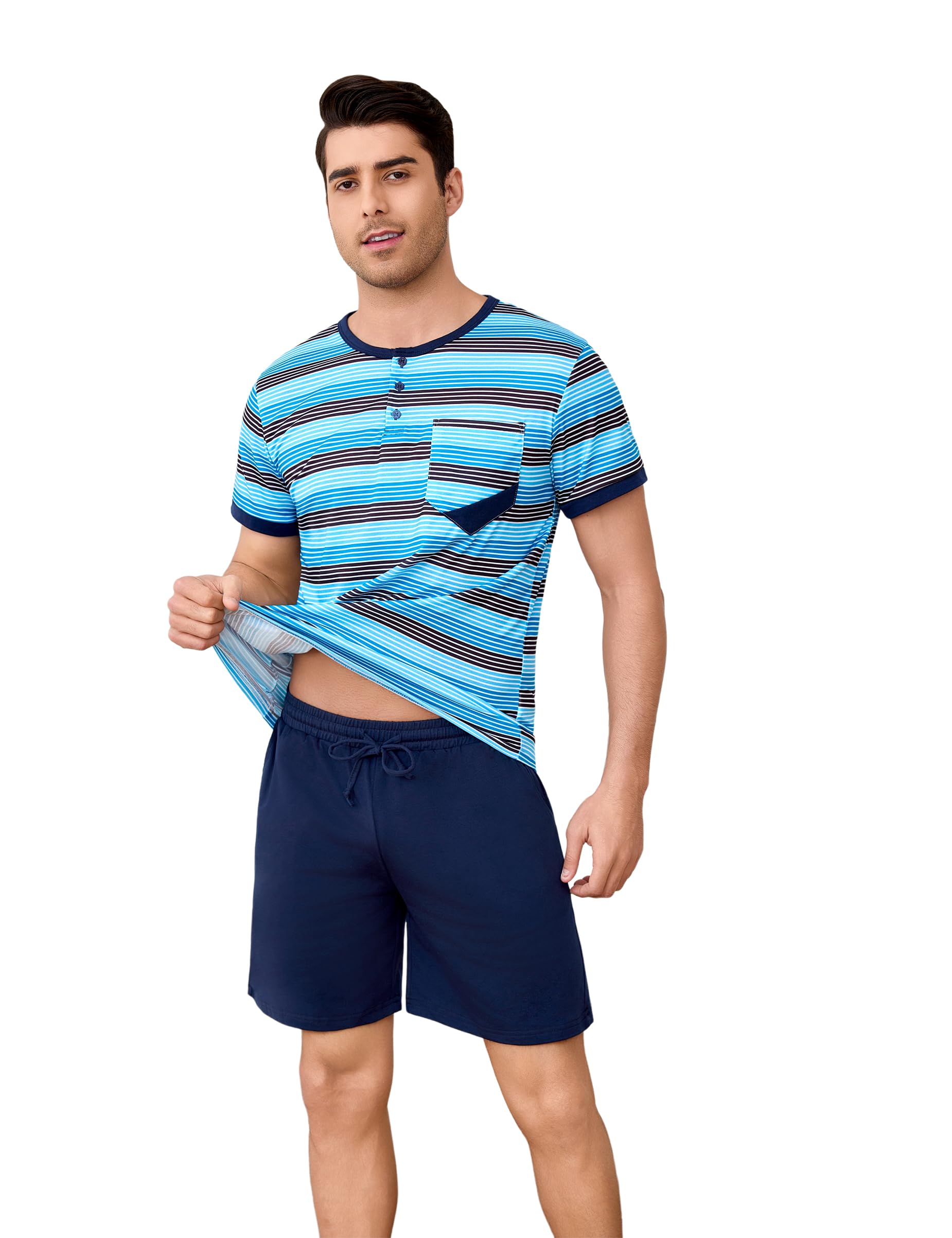 Pijamas Hombre Verano Algodón Conjunto de Pijama para Hombre Corto Ropa de Dormir de Rayas Manga Corta con Bolsillos 2 Piezas