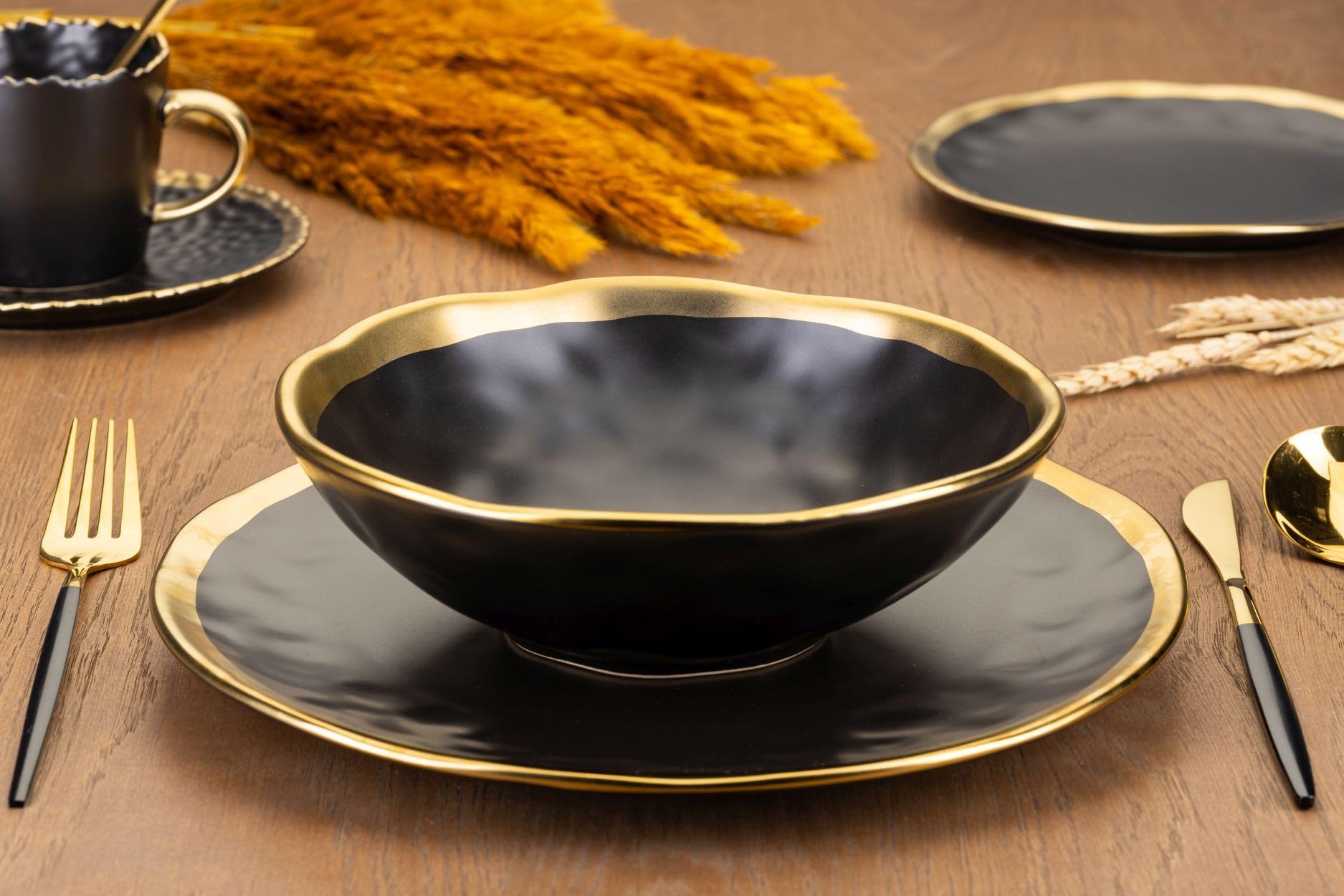 Keramik Geschirr Set 8 Personen | Schwarze Teller 27 cm Ø und Schüssel 20 cm Ø | Modern Geschirr & Serviergeschirr | 4x Essteller und 4x Tiefe Suppenteller