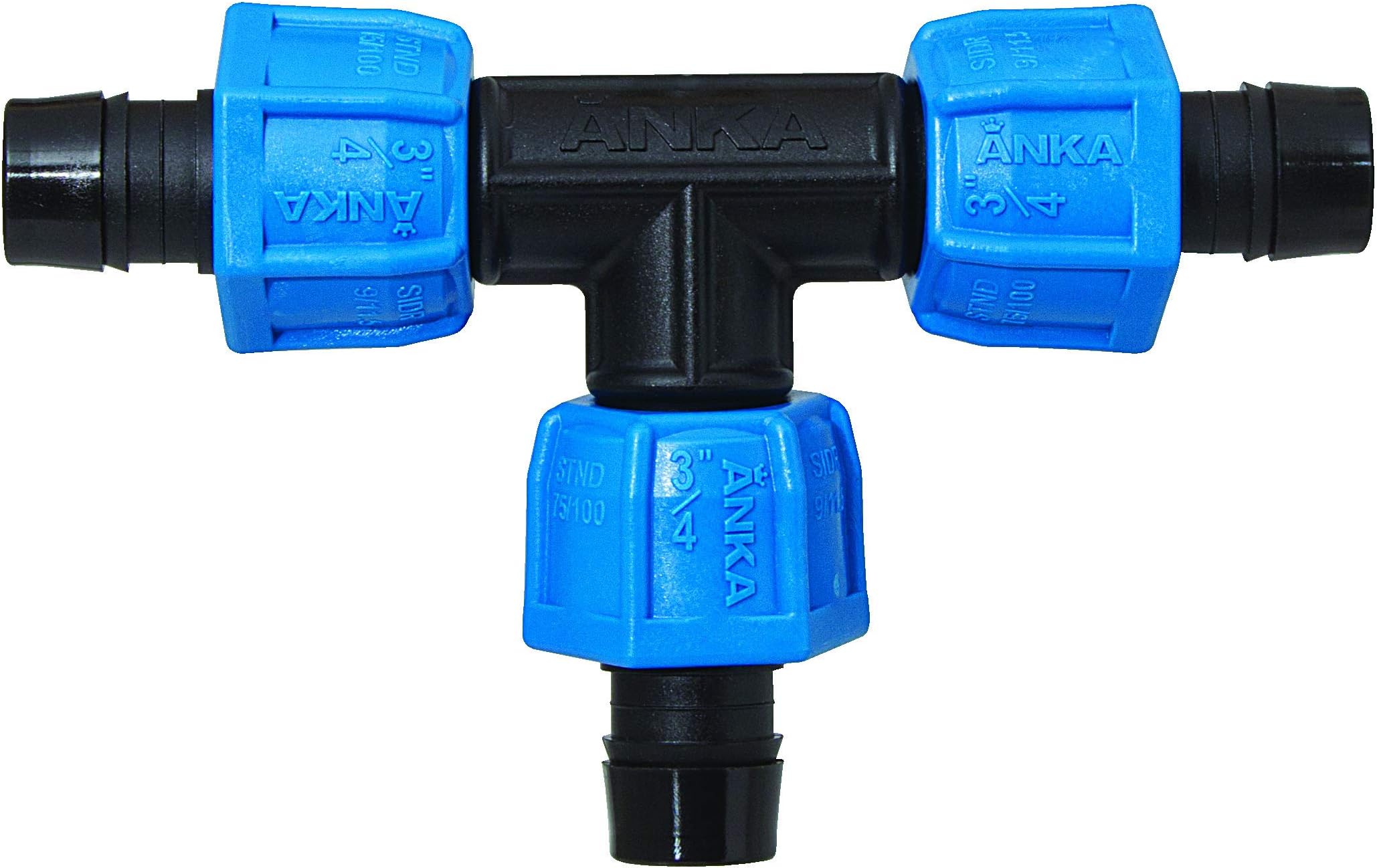 Watts AT34 ANKA Series High Pressure Poly-Pipe Tee, 3/4" X 3/4" X 3/4" Black Fitting w/ Blue Tapered Nut Seals, High Grade Glass Fiber Reinforced Nylon, Agriculture & Irrigation