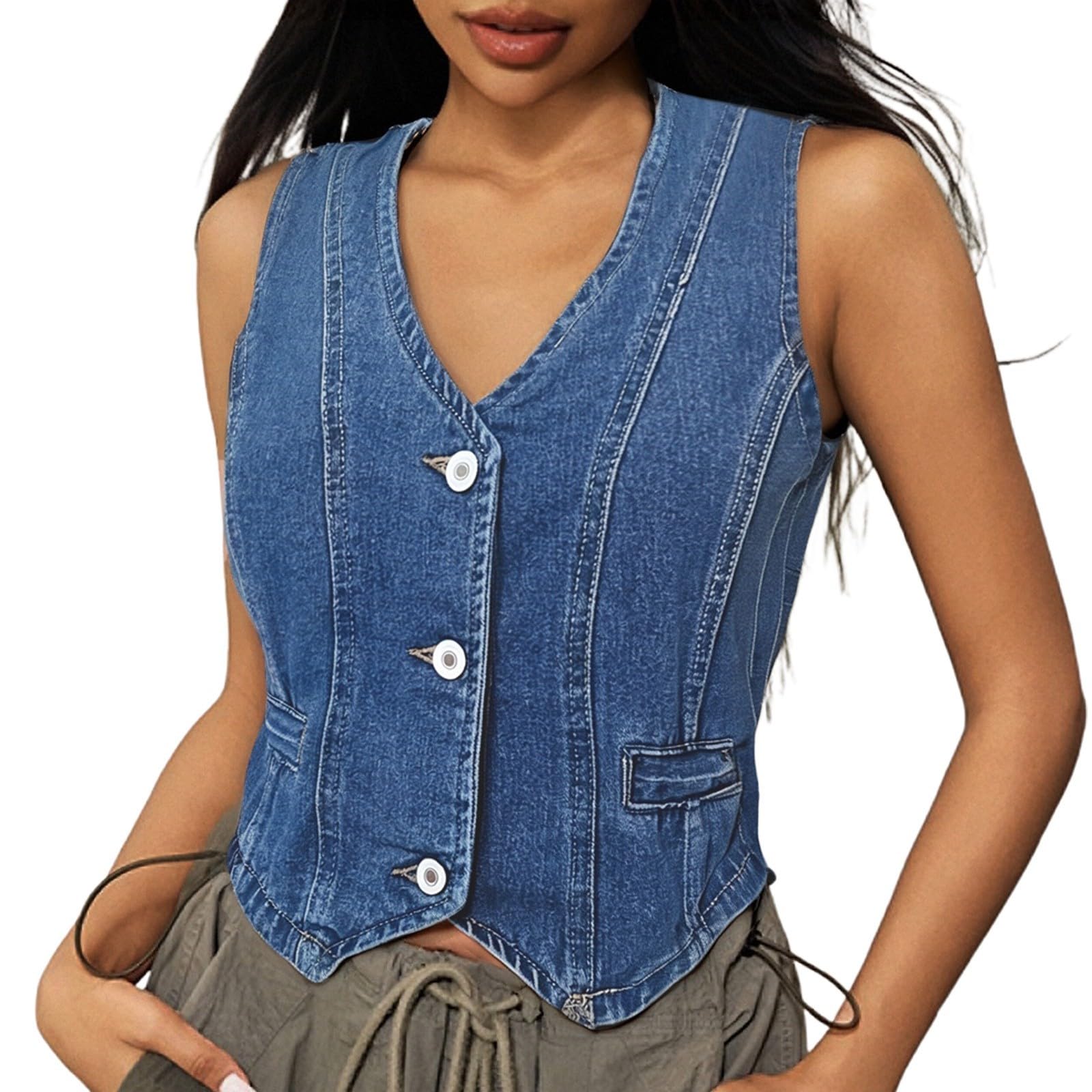 Gilet en Jean pour Femme Blouson sans Manches en Denim à Col en V Veste Boutonné Décontractée Vintage
