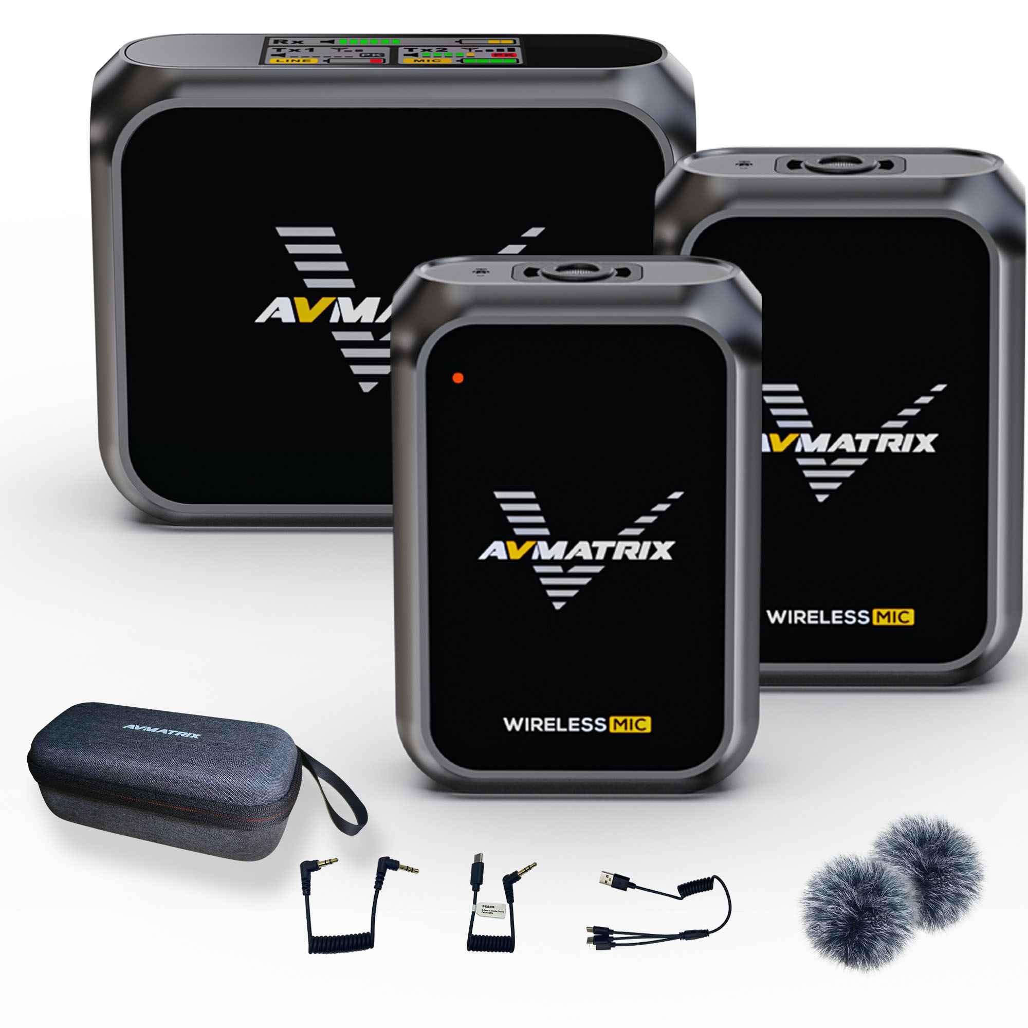 AVMATRIX WM12 Wireless Lavalier Microphone, 100m Stable Transmittion, Noise Cancellation, Wireless mic for iPhone, Android, Camera（2TX+1RX）