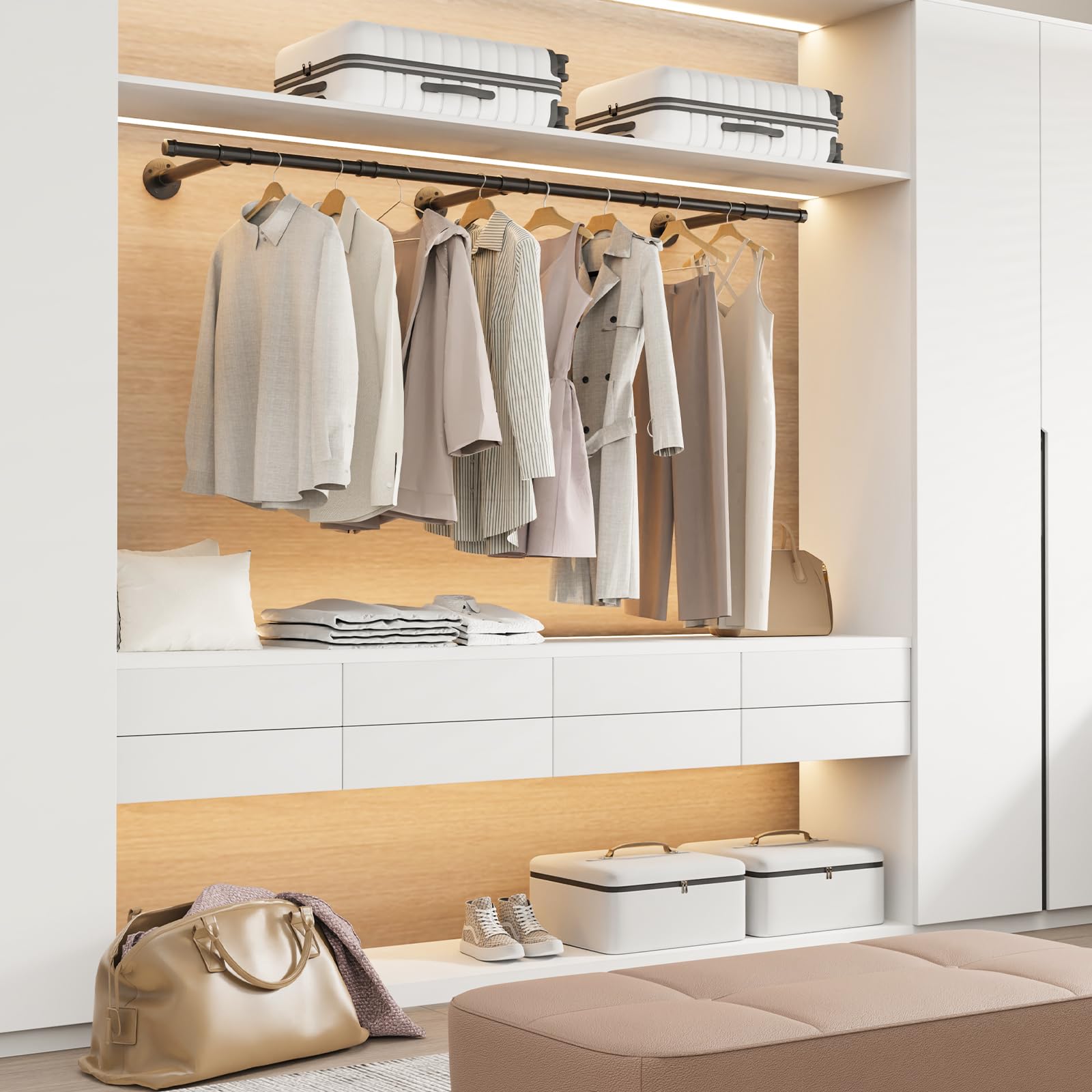 YheenLf Kledingstangen Industrial, set van 2, 150 cm kledingstang wandmontage, ruimtebesparende kapstok, wandplank voor de keuken, eenvoudige montage, wandbevestiging kleding, zwart