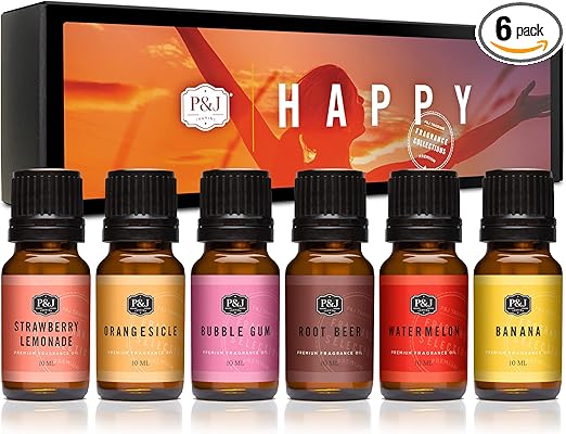 P&J Trading Happy Set of 6 Fragrance Oils - Root Beer, Watermelon, Banana, Strawberry Lemonade, Orangesicle, Bubble Gum Scented Oils for Candle Scents, Soap Making, Diffuser Oil