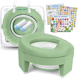 Töpfchen Toilettensitz Kinder ab 1 2 Jahre 3 in 1 Faltbarer Potty Training Seat Baby AuBen Innen Tragbar Reisetoilette Reisetöpfchen mit Reisetasche und Einweg Müllsäcke(Grün)