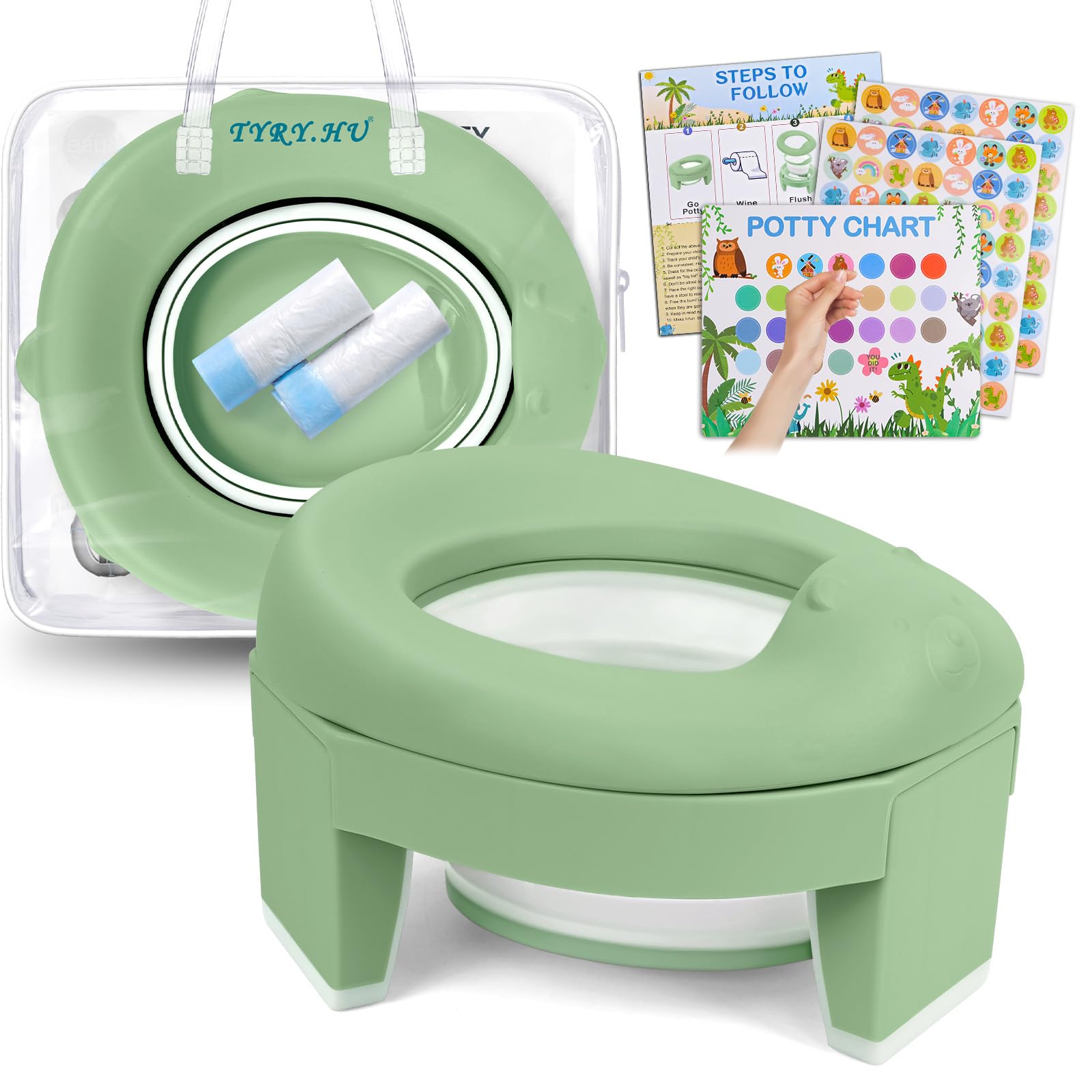 Töpfchen Toilettensitz Kinder ab 1 2 Jahre 3 in 1 Faltbarer Potty Training Seat Baby AuBen Innen Tragbar Reisetoilette Reisetöpfchen mit Reisetasche und Einweg Müllsäcke(Grün)