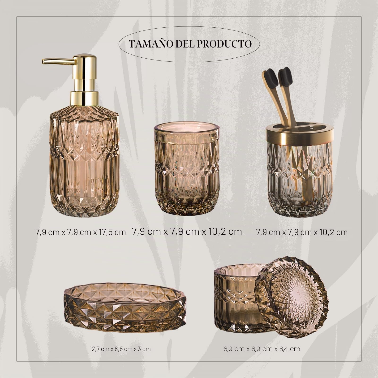 EMPO Juego de Accesorios de baño de Vidrio Transparente (loción, dispensador de jabón, jabonera, portacepillos de Dientes, Vidrio, hisopo de algodón), Accesorios Modernos contemporáneos, Cristal,