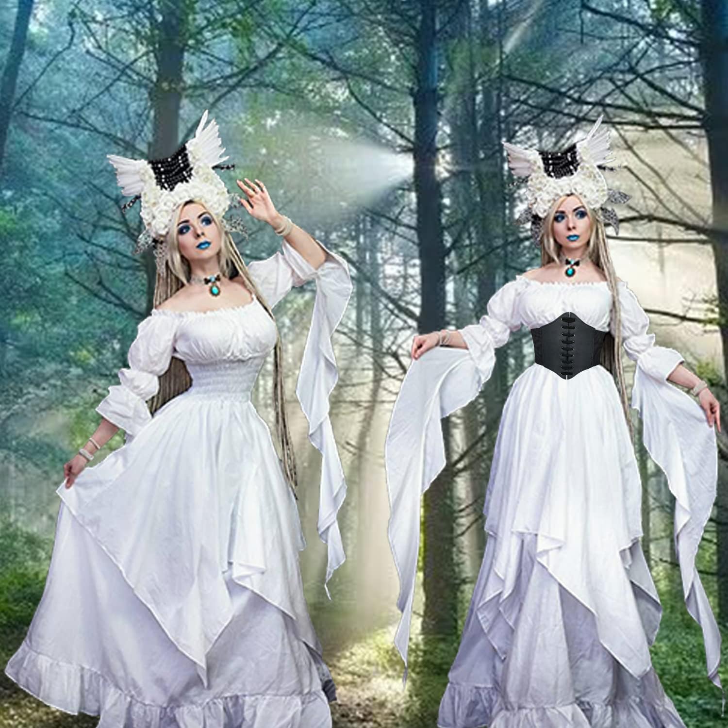 YEAXLUD Women's Victorian Dress Puff Sleeve Off Shoulder Ruffle Plus Size Medieval Costume for Women Renaissance Dress (White, Medium) - Image 5