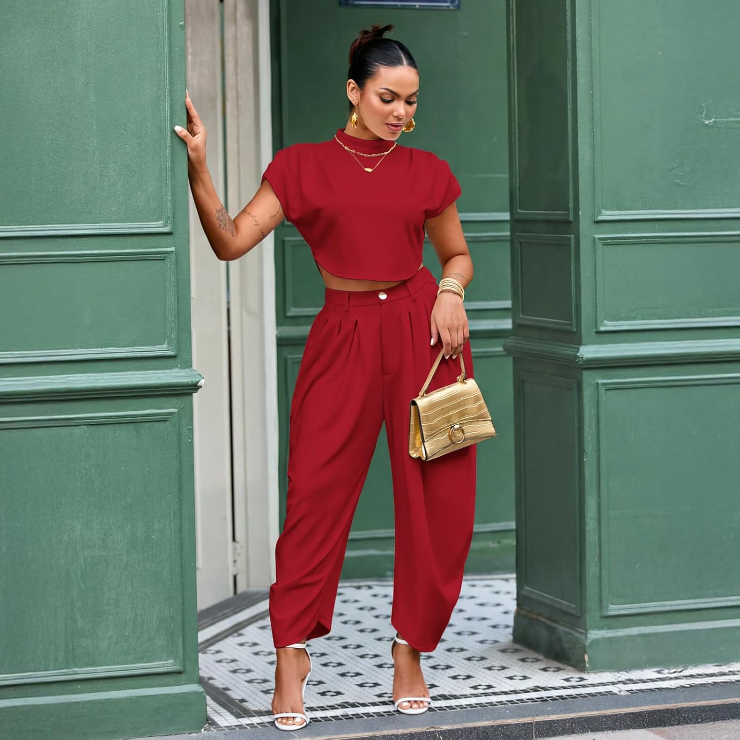 kaimimei 2 Piece Sets for Women Casual Mock Neck Cap Sleeve Crop Tops and Palazzo Pants Vacation Travel Outfits - Image 3