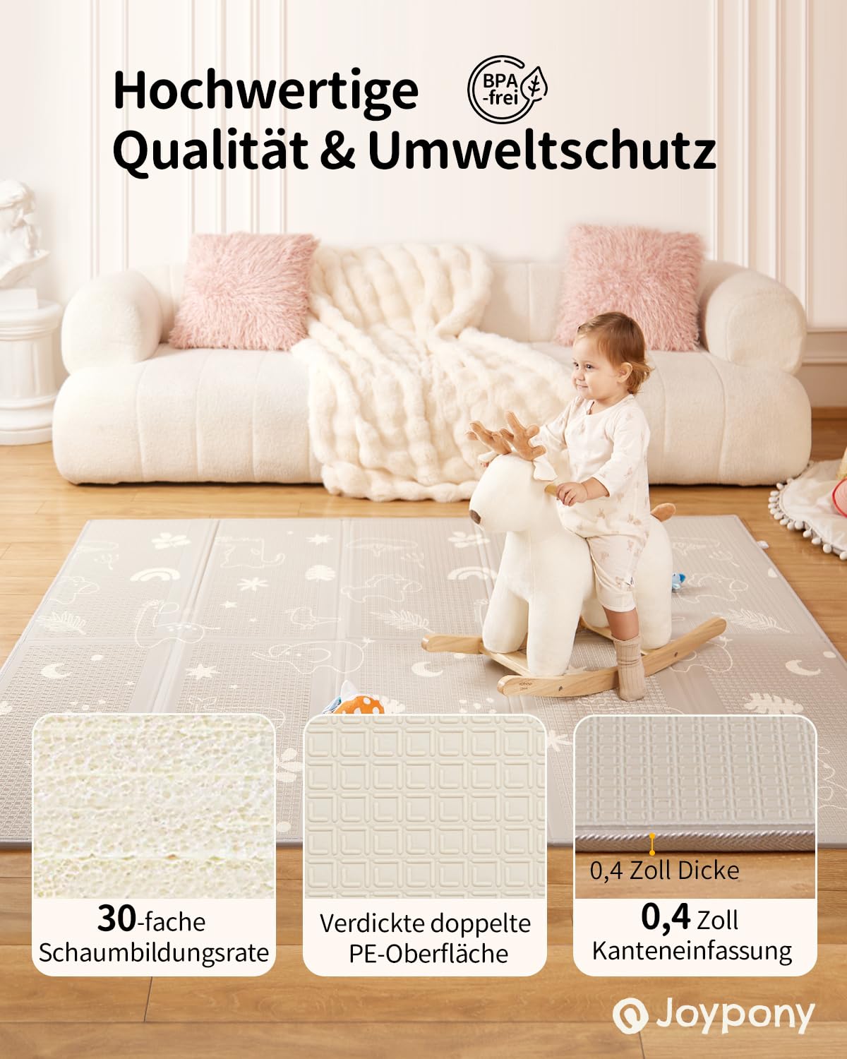 Tapis d'Éveil Bébé Pliable 120x120cm Joypony Mousse XPE Épais Imperméable Antidérapant Double Face Alphabet Forêt