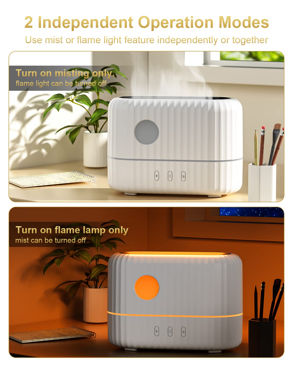 Diffusore di oli essenziali con luce a fiamma, 3 modalità di intensità della luce della fiamma e 2 impostazioni di nebbia fredda regolabili, umidificatore per aromaterapia, design portatile da 200 ml,