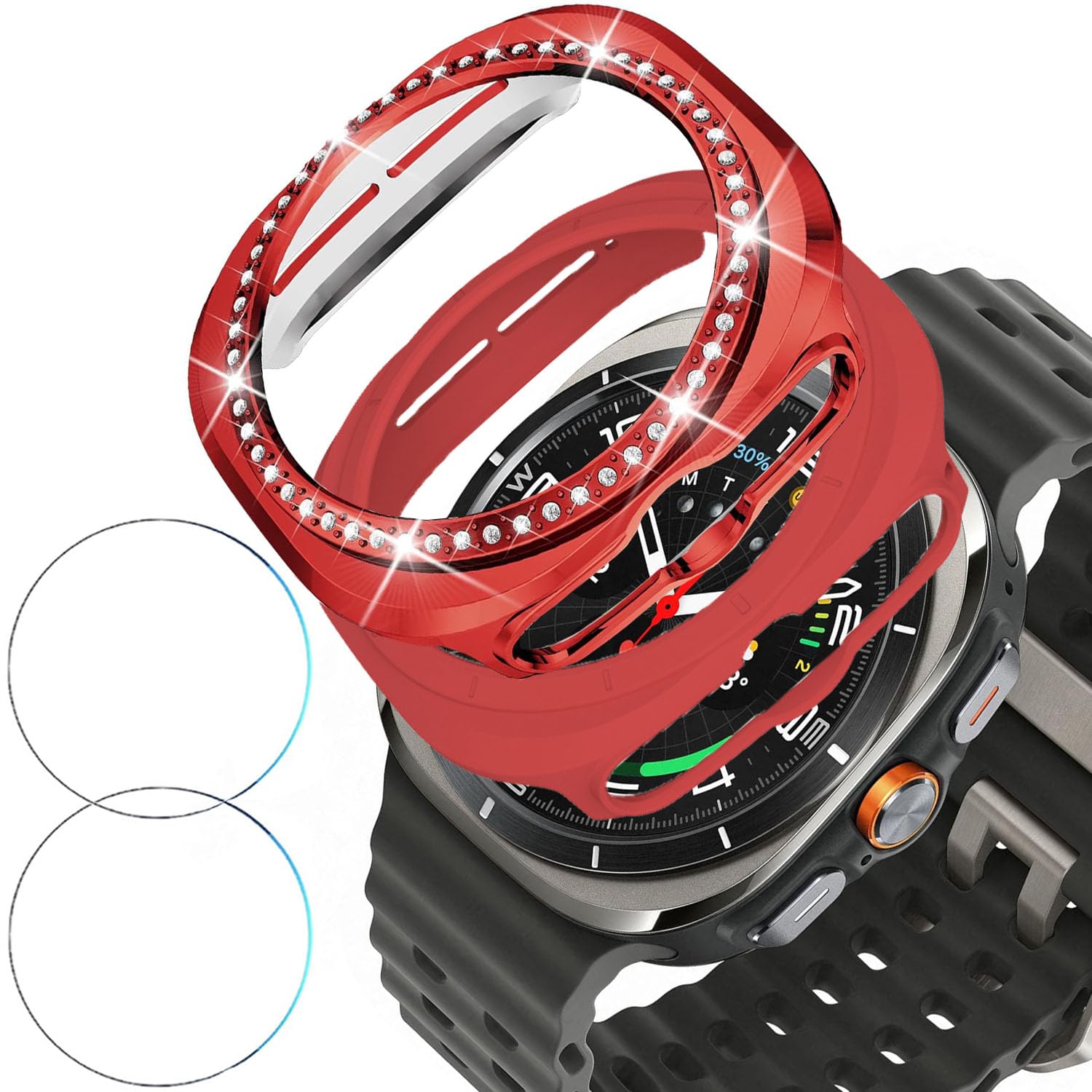 DEALELE [2+2 Pack] Gehäuse Gehärtetem Glas Kompatibel mit Samsung Galaxy Watch Ultra/Ultra 2 47mm (2025/2024), Glitzer Strass + PC Matte Schutzhülle + Gehärtetem Glas Displayschutz, Rot + Rot