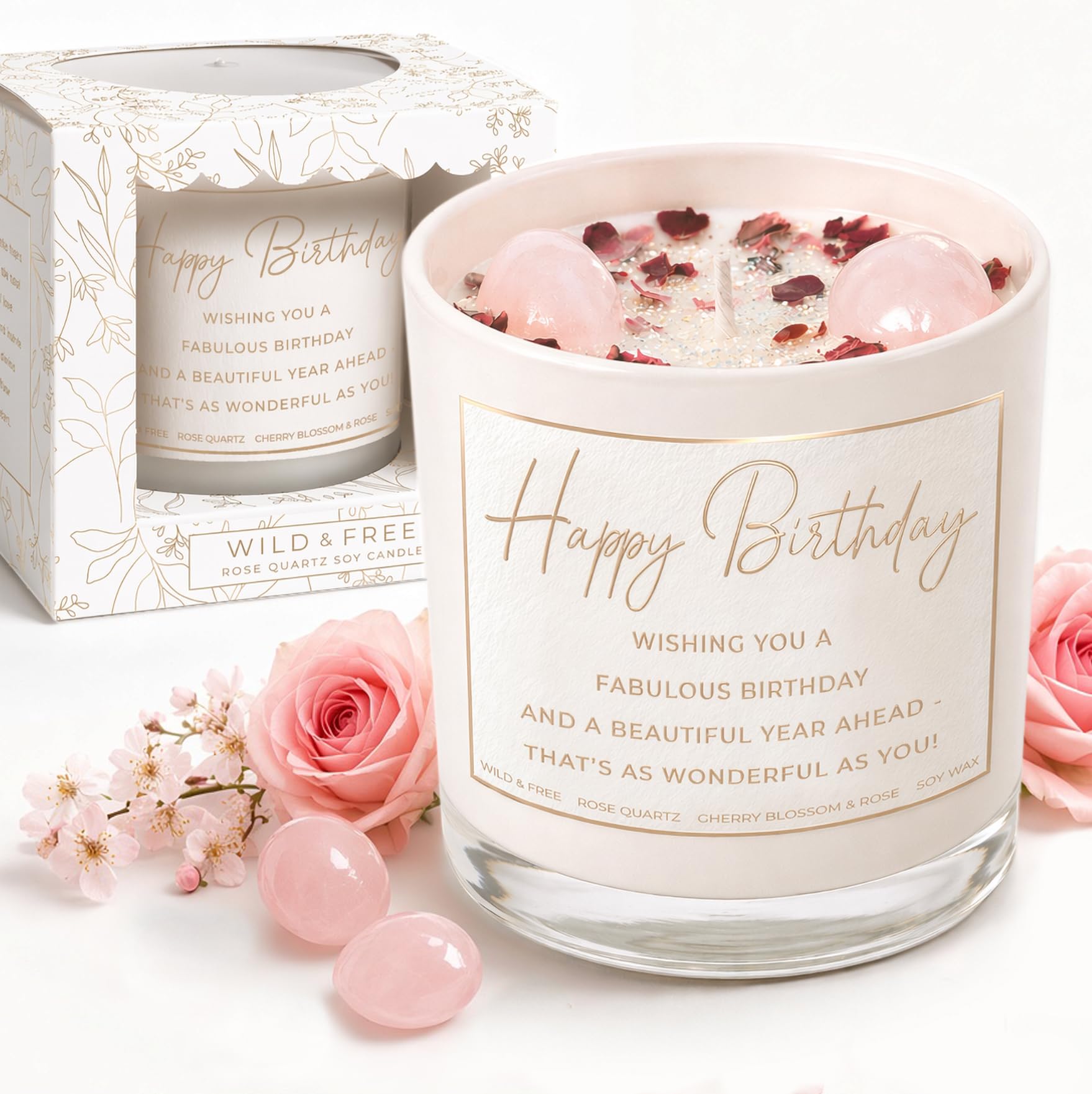 Wild & Free Happy Birthday Rose Quartz Candle Gift for Women, Soy Wax Crystal Candle, Cherry Blossom & Rose Scent, Birthday Gift for Her, 230g