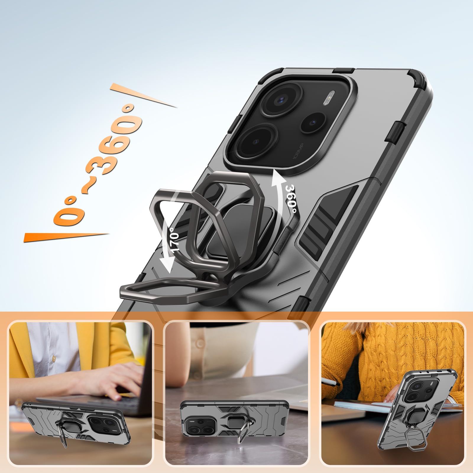 Cover per Redmi Note 14 5G, Custodia per Tutto il Corpo, Copertura Antiurto con 360°Magnetica Anello, Protettiva Rigida con Fotocamera Protettivo (Nero