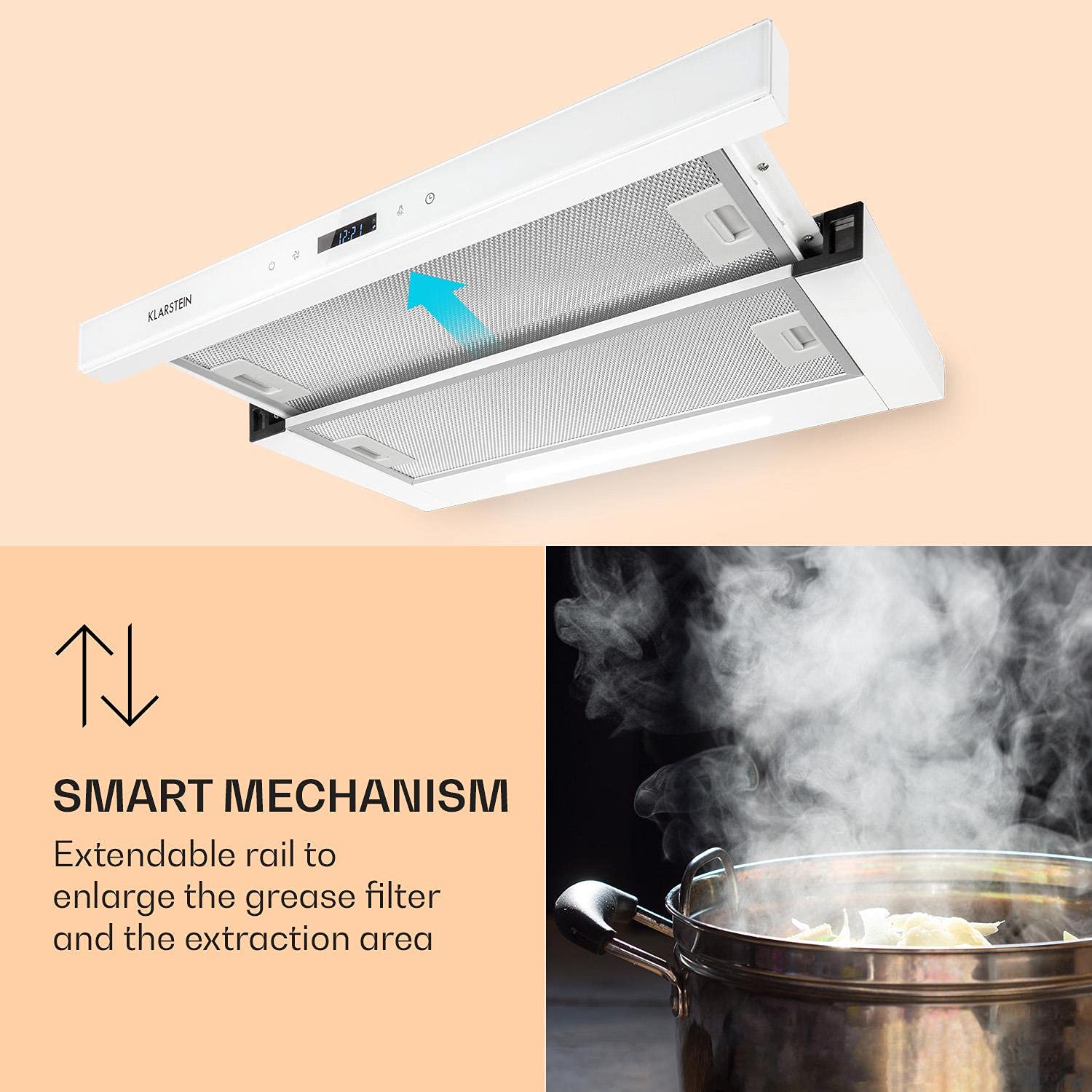 Klarstein Mariana Neo 60 Dunstabzugshaube 60 cm EEK A 640 m³/h Umluft Abluft LC-Display Timer Touch-Panel LED Flachschirmhaube Teleskophaube Unterbau-Dunstabzugshaube Glasfront weiß