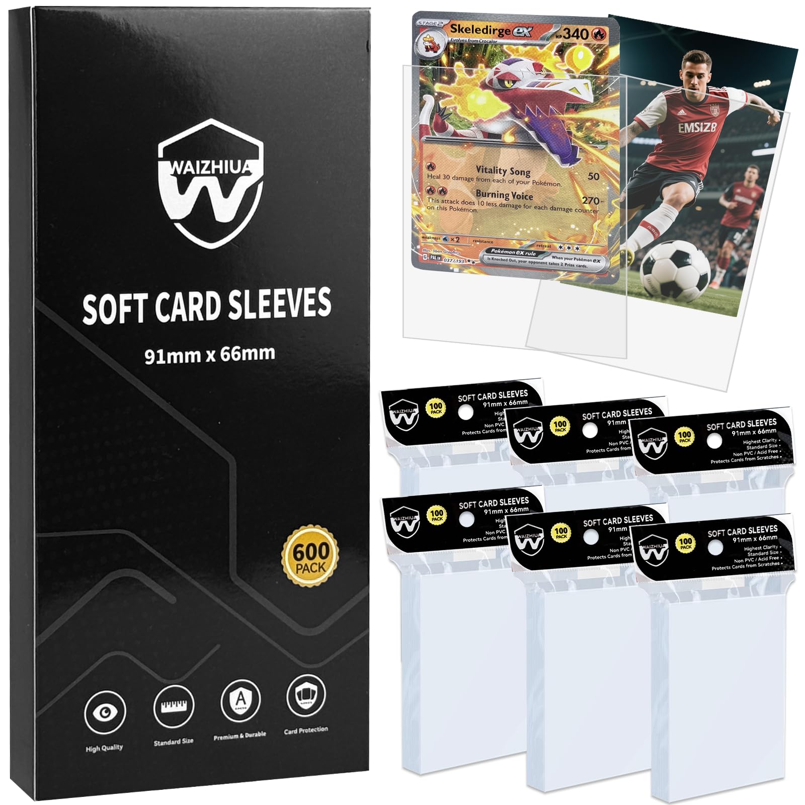 WAIZHIUA 600 Pcs Card Sleeves - 66x91mm Standard Size Penny Sleeves, Top Loaders for MTG, Sports Cards, Acid-Free Non-PVC, Waterproof & Ultra-Clear Protection
