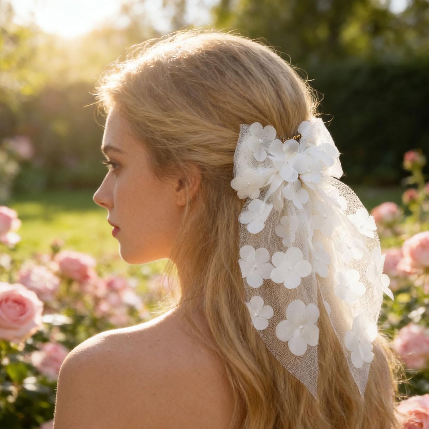 White Flower Bow Hair Clip Mesh Tulle Floral Hair Bow Clips Summer Alligator Clip with Long Tail Hair Accessory for Women Girls Bridal Wedding Bridesmaid Party Headpiece Elegant Hairpin Daily Styling