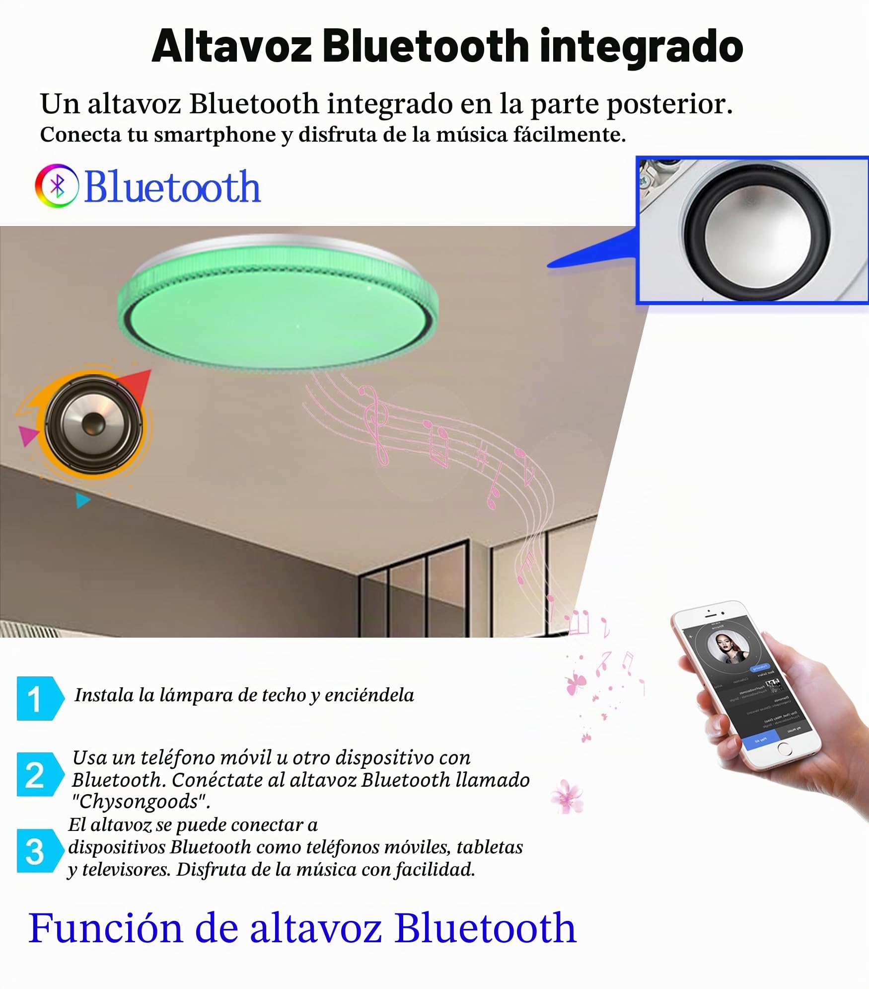 Lámpara de techo musical LED BZ de 40 cm, compatible con Alexa, altavoz Bluetooth incorporado, efecto de luz RGB, regulable, con control remoto