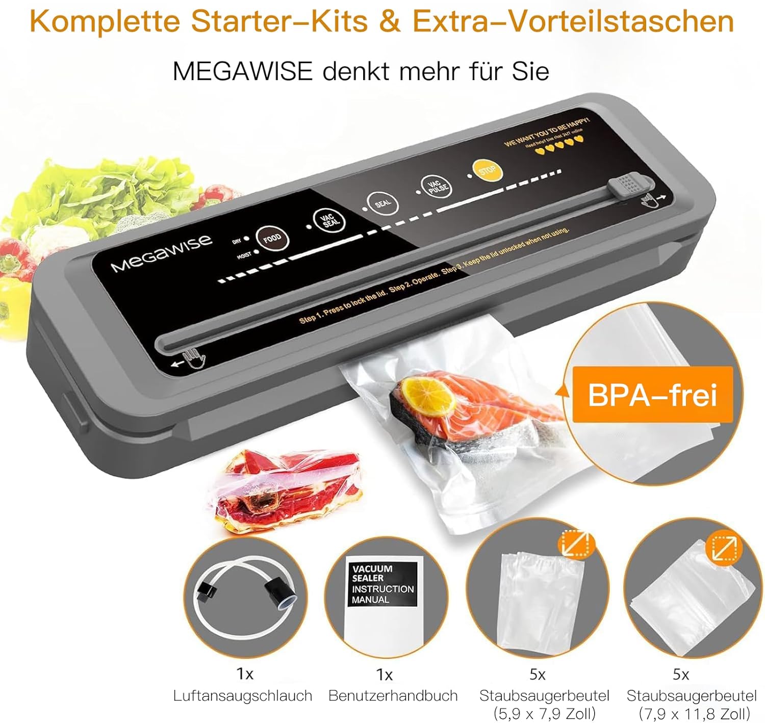 MegaWise Food Vacuum Sealer Machine – High-Power 80kPa Suction, One-Touch Operation, Built-in Cutter – Works with All Food Types, Includes Bags & Hose (Black), Keeps Food Fresh 5x Longer - Image 6