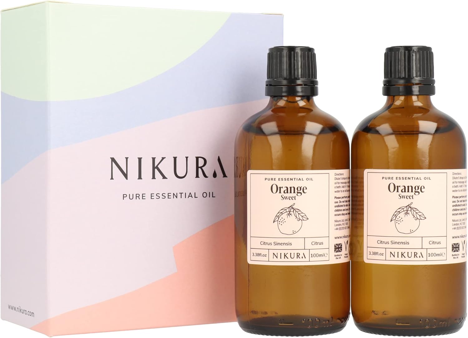 Nikura Orange (Sweet) Essential Oil – 200ml (2 x 100ml) | 100% Pure Natural Oils | Perfect for Boosting Mood, Diffusers, Cleaning, Bath | Great for Self Care, Home, Anxiety Relief | Vegan & UK Made