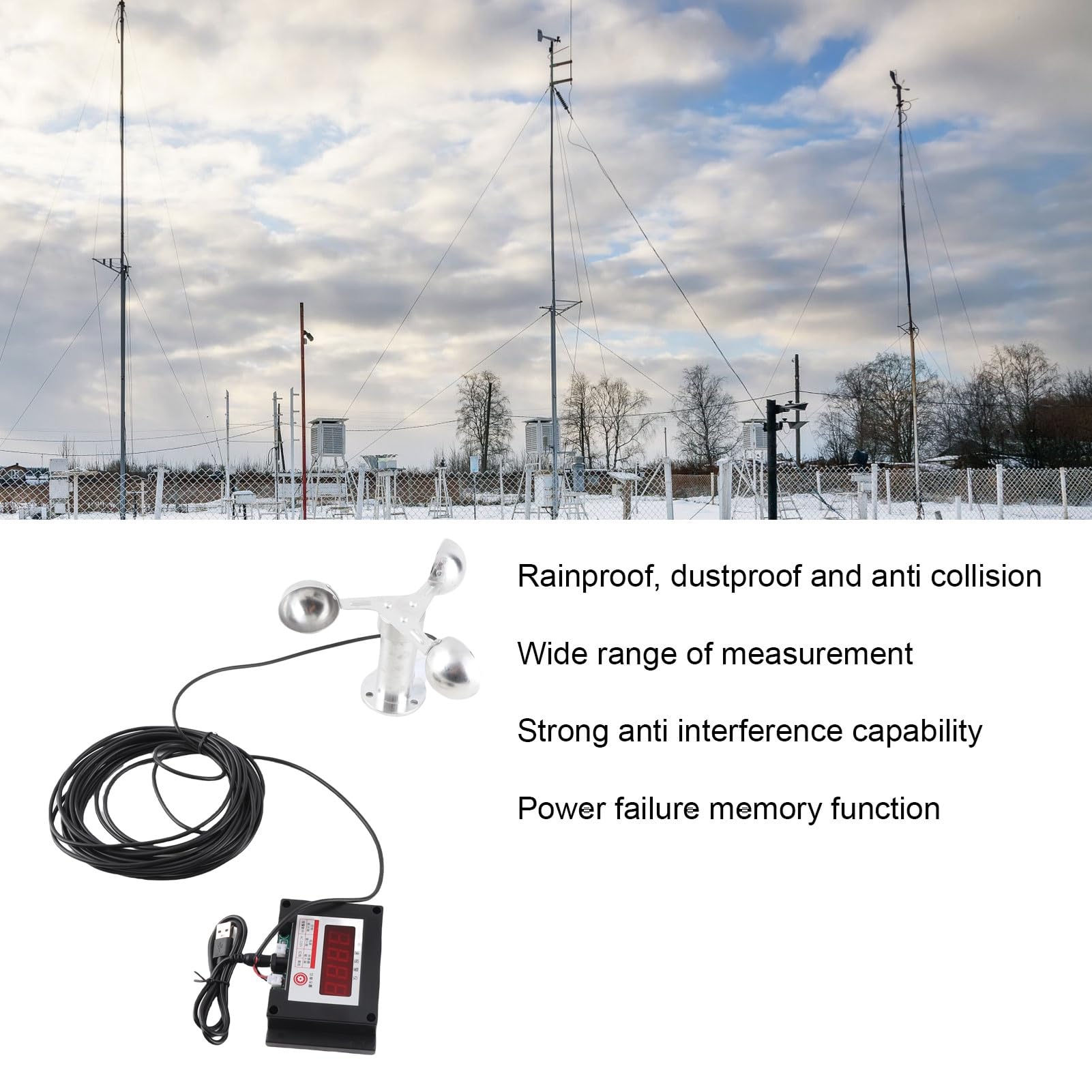 Anemometro per Gru a Torre Misuratore di velocità del a 3 Tazze con Funzione di Allarme e Memoria di Perdita di Potenza per Centrale Elettrica e Stazione Meteorologica