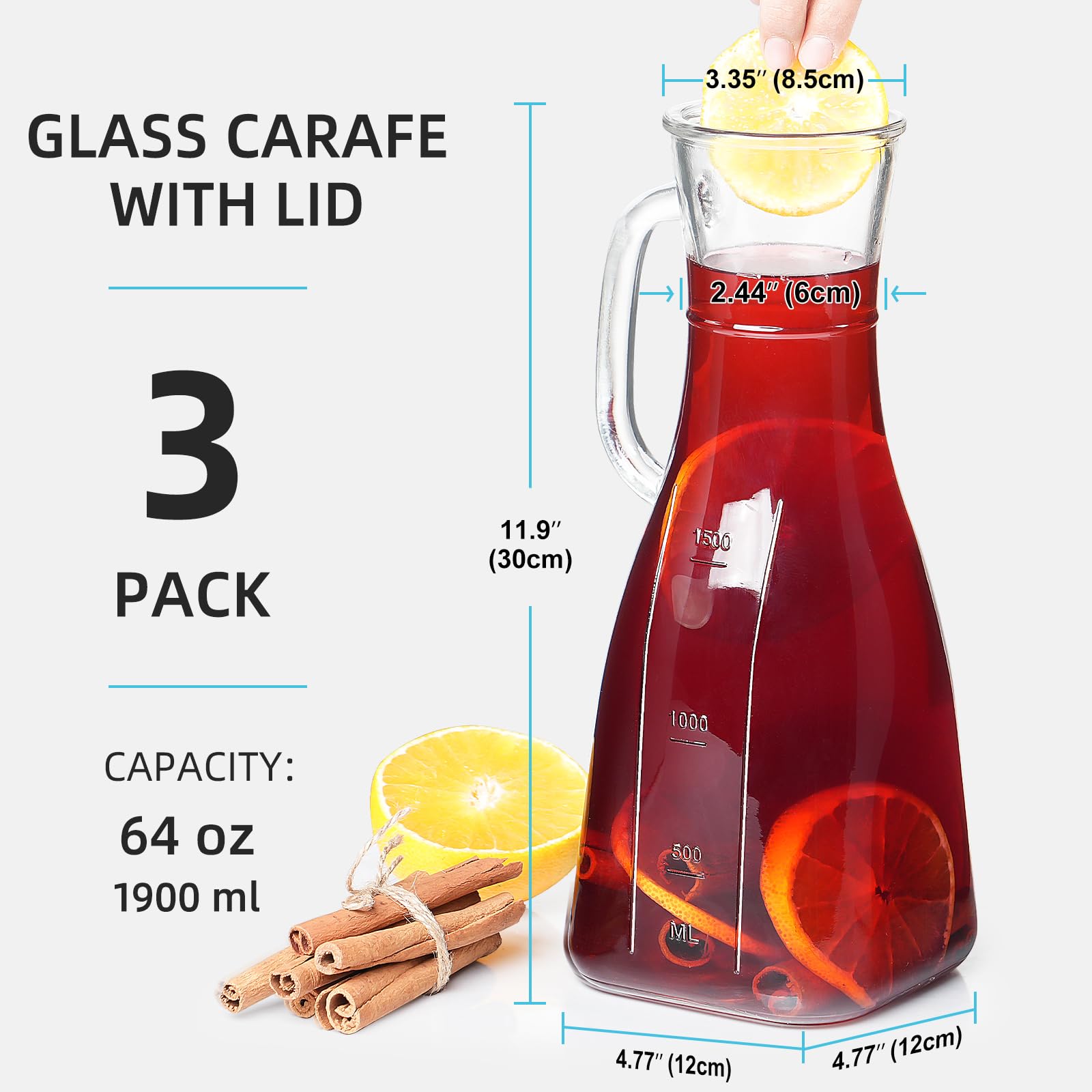 Absovetu Paquete de 3 jarras de vidrio con tapas de 1.9 L/64 onzas, jarras de agua de vidrio para refrigerador, jarra de agua, jarra de jugo con asa para jugo, leche, vino, té