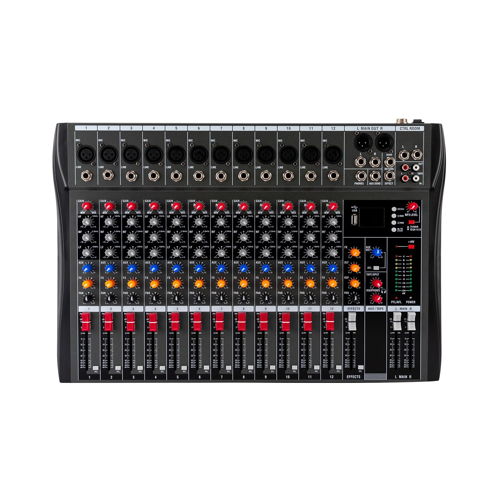 Consola de audio, amplificador, canal de estudio, mezcla en vivo, Bluetooth USB, controlador de sonido DJ para grabación de ordenador, 12 canales con conector de micrófono XLR, fuente de alimentación
