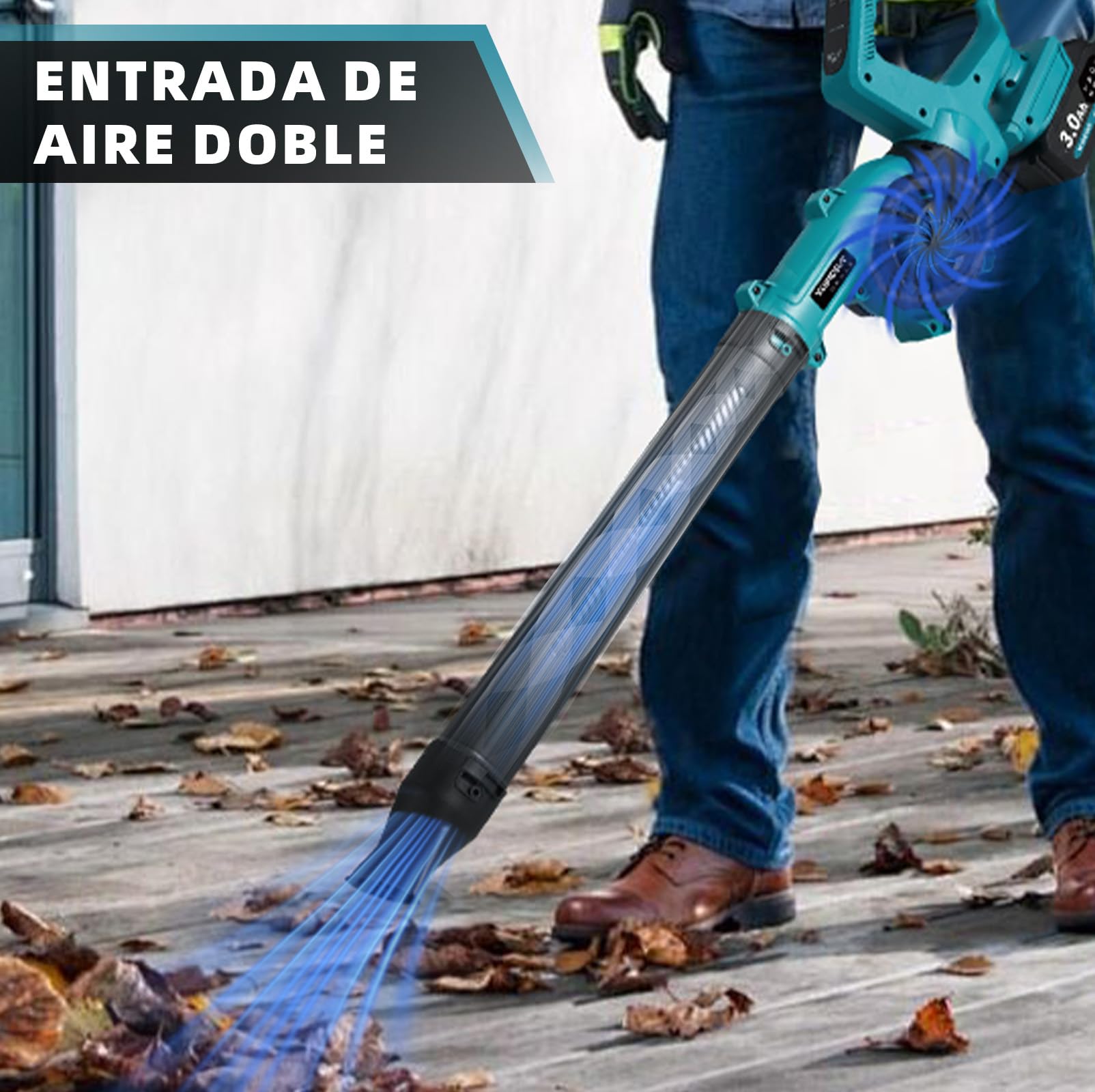 YOFIDRA Soplador de Hojas Batería 280 km/h, Soplador con 2 Baterías de 3.0 Ah, 3 Velocidades, Mango Ajustable de 270°, Doble Entrada de Aire, 13 000 RPM, para Patio, Césped, Jardín