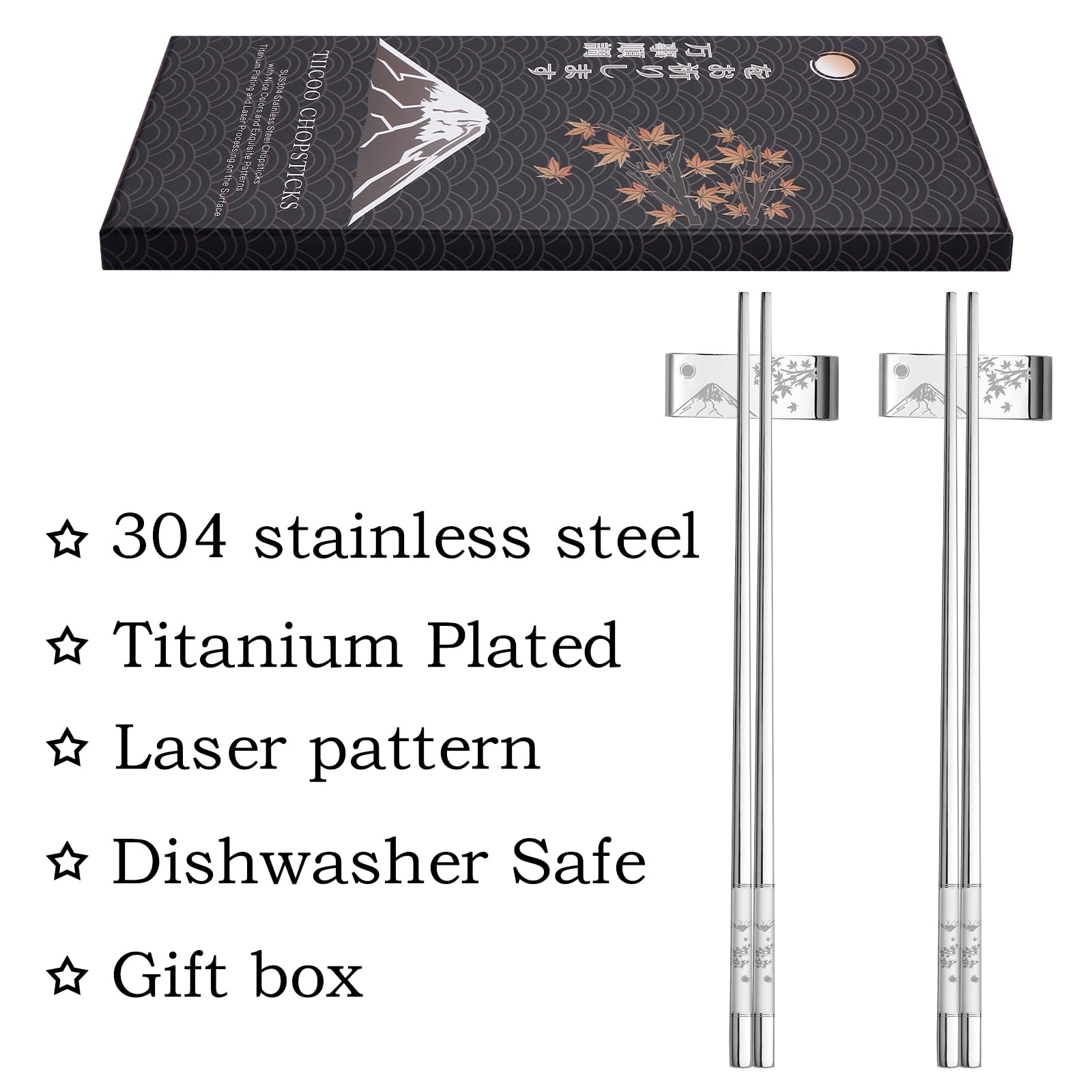 Bacchette in acciaio inox riutilizzabili, 2 paia di bacchette in acciaio inox 18/8 con supporto, lavabili in lavastoviglie, bacchette in metallo leggero, set regalo giapponese (argento)