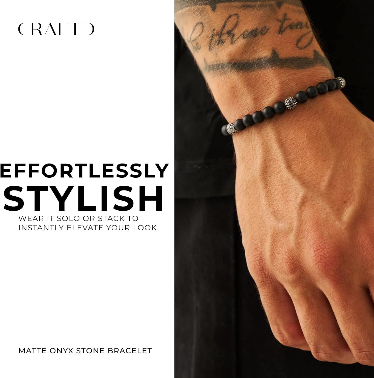 CRAFTD - Matte Black Onyx Stone Bead Bracelet - Durable 18K Gold & 316L Stainless Steel Gold Beads - Waterproof, Heat & Sweat Resistant - Gifts for Men - Men's Jewelry