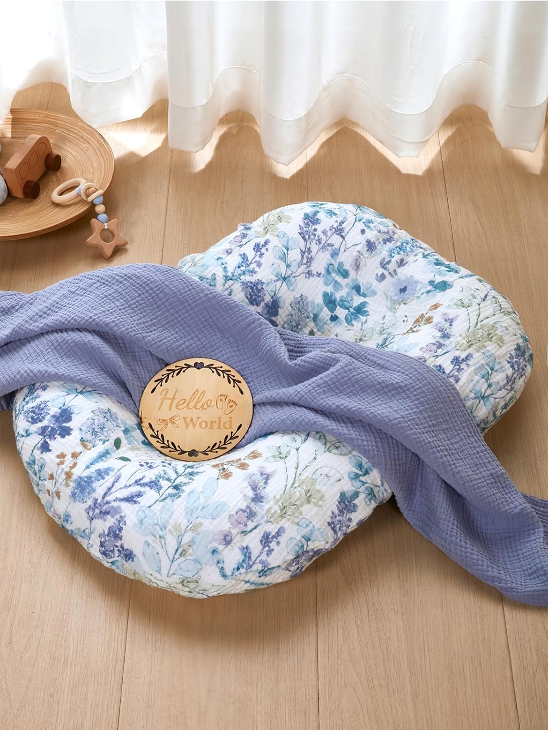 TILLYOU Muslin Baby Lounger Cover, 100% Cotton Newborn Lounger Cover, 2 Pack Baby Nest Slipcover for Boys Girls, Cover Only, Blue Flower