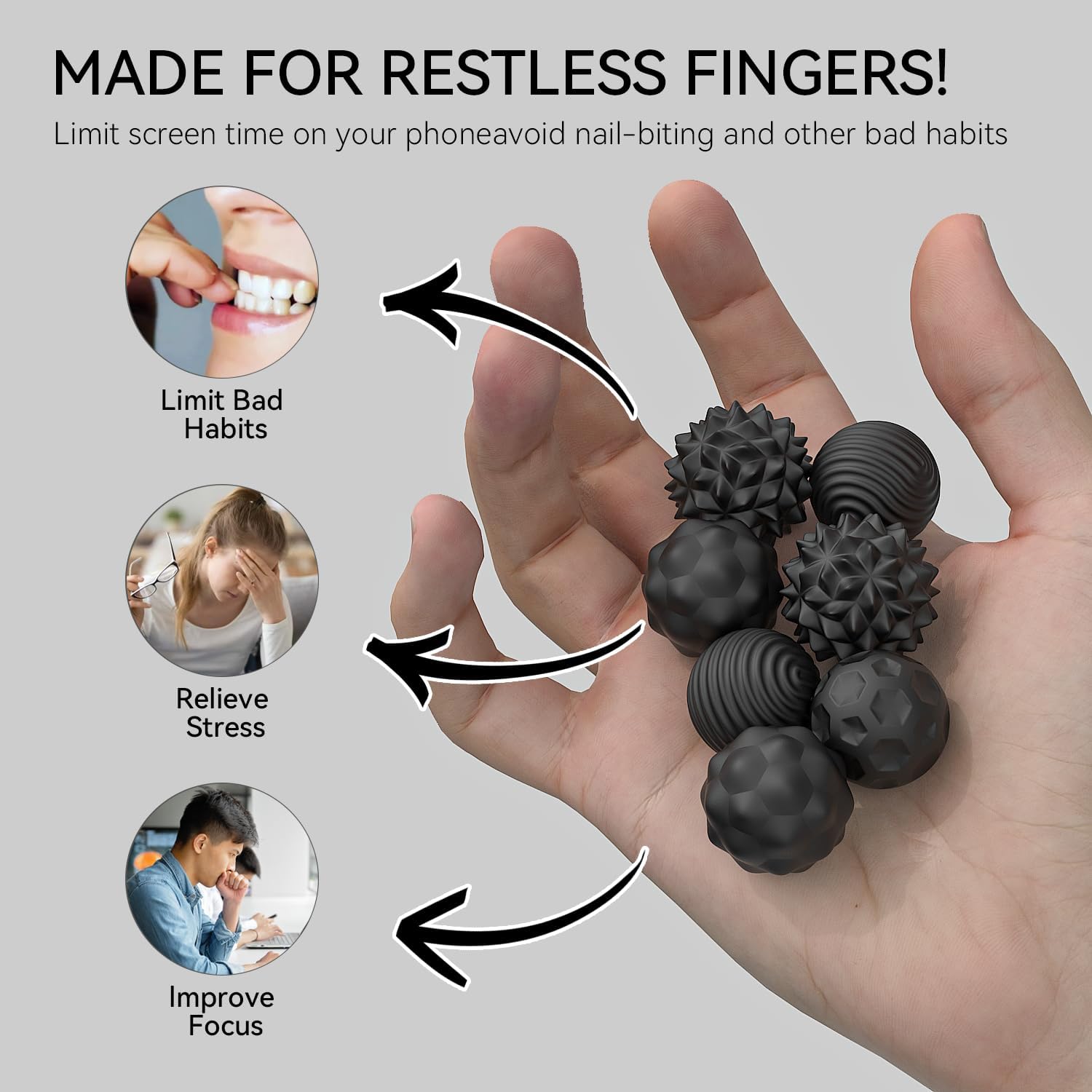 Large Magnetic Sensory Fidget Ball Toy, 8Pcs Silicone Sensory Stress Relief Toys for Adults, Teens with Autism, ADHD, Anxiety, Stocking Stuffers for Women Men Teen Gift (Black, Large)