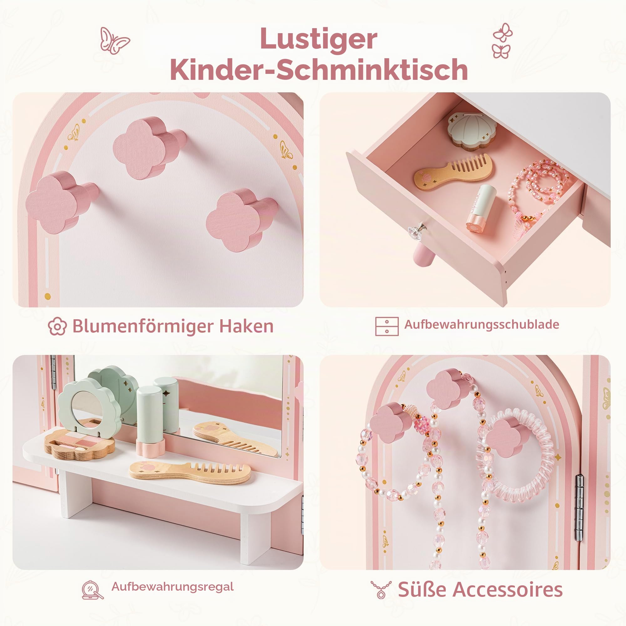 ROBUD Kinder Schminktisch mit Hocker: Mädchen kinderschminktisch mit Spiegel, Rollenspiel Schminktisch für Kinder, Frisiertisch mit Schublade und Zubehör für Kinderschminke, ab 3 Jahren (Rosa)