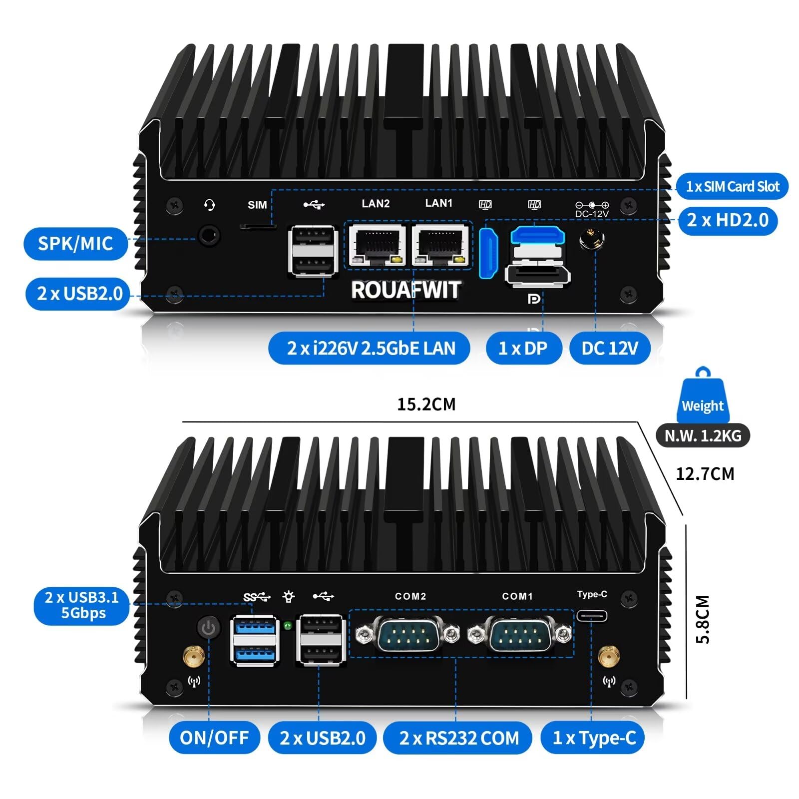 Mini PC Industrial Fanless 12th Gen J6413/J6412, Micro Desktop Ufficio Computer, Dual i226V 2.5GbE Lan, 2 COM, WiFi/BT, 3 Display, Barebone, NO RAM NO Storage