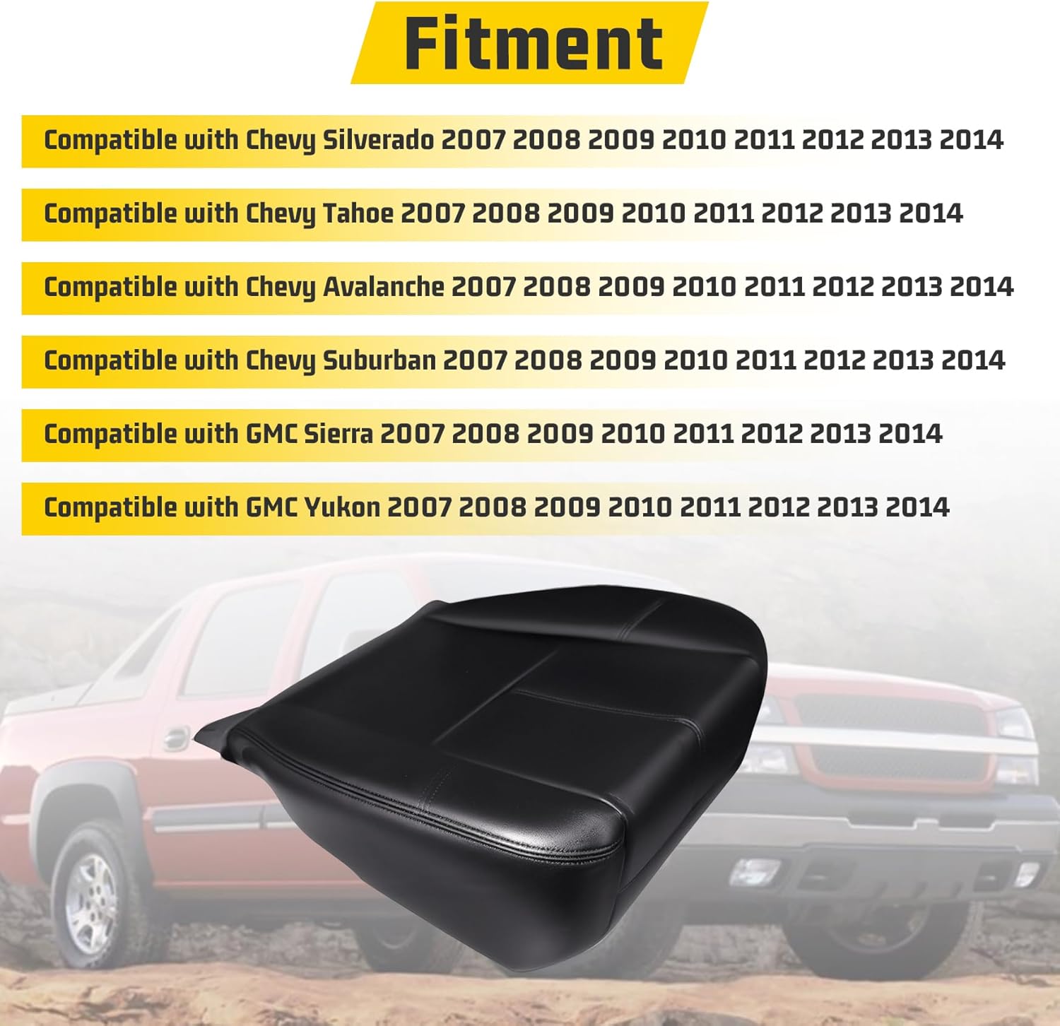 Black Leather Driver or Passenger Bottom Seat Cover Compatible with Chevy Silverado Sierra Tahoe Suburban Avalanche Yukon Yukon XL 2007 2008 2009 2010 2011 2012 2013 2014