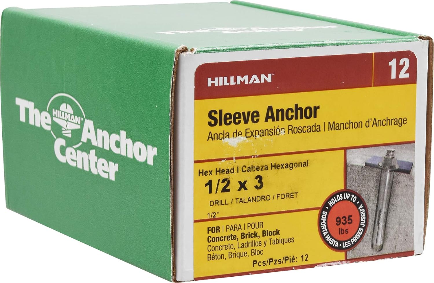 Hillman 370830 Hex Head Sleeve Anchor, 1/2 X 3-Inch, 12-Pack