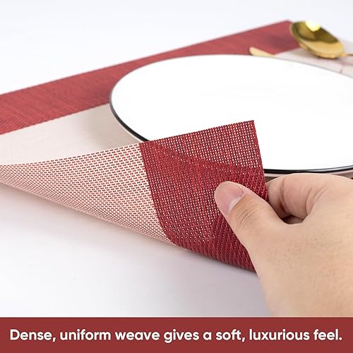 Miniatura 6 de Juego de 6 manteles individuales tejidos, diseño de hojas de ginkgo rojas y blancas, resistentes al calor, impermeables y fáciles de limpiar,